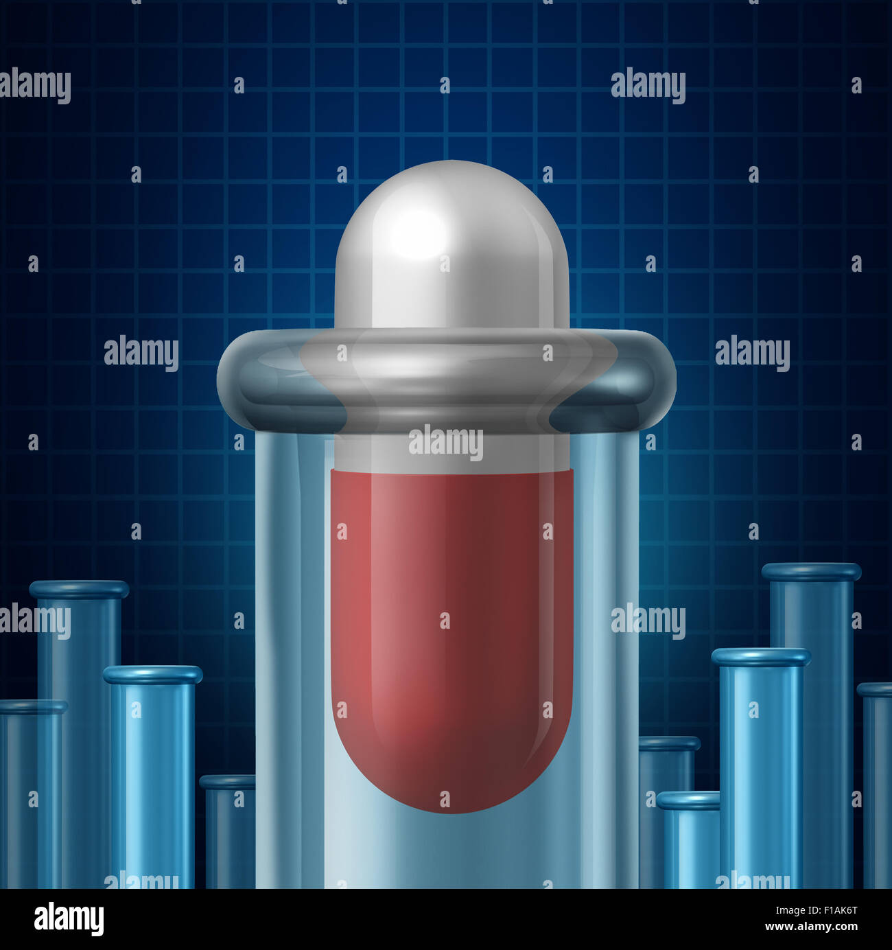 Medicine science and the pharmaceutical industry research symbol as a giant medication pill inside an experimental beacon or test tube glass container as a medical biotechnology concept for finding a cure through chemistry and technology. Stock Photo