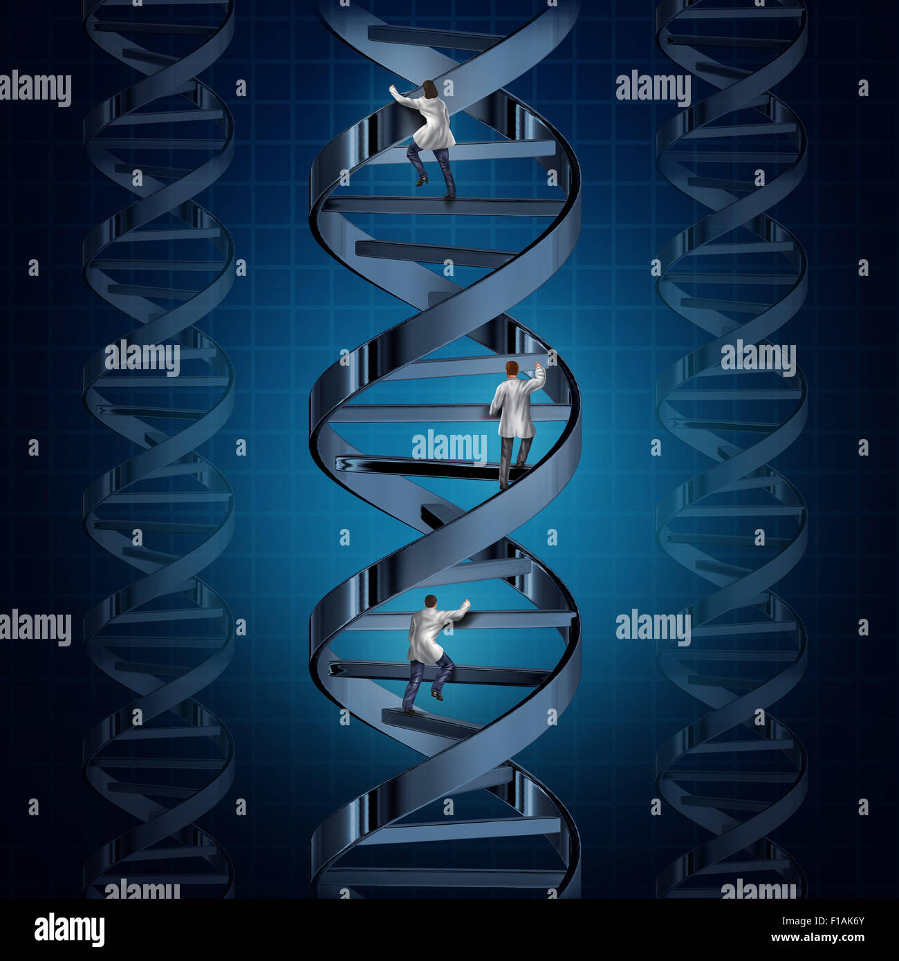 Genome medical research and genetic technology discoveries with a group of doctors or scientists climbing a DNA strand to discover a cure for human disease as a symbol of health care medicine and biotechnology. Stock Photo
