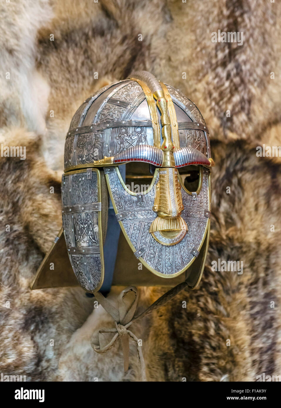 A replica of the Sutton Hoo Helmet in the exhibition hall at Sutton Hoo, Suffolk, England, UK Stock Photo