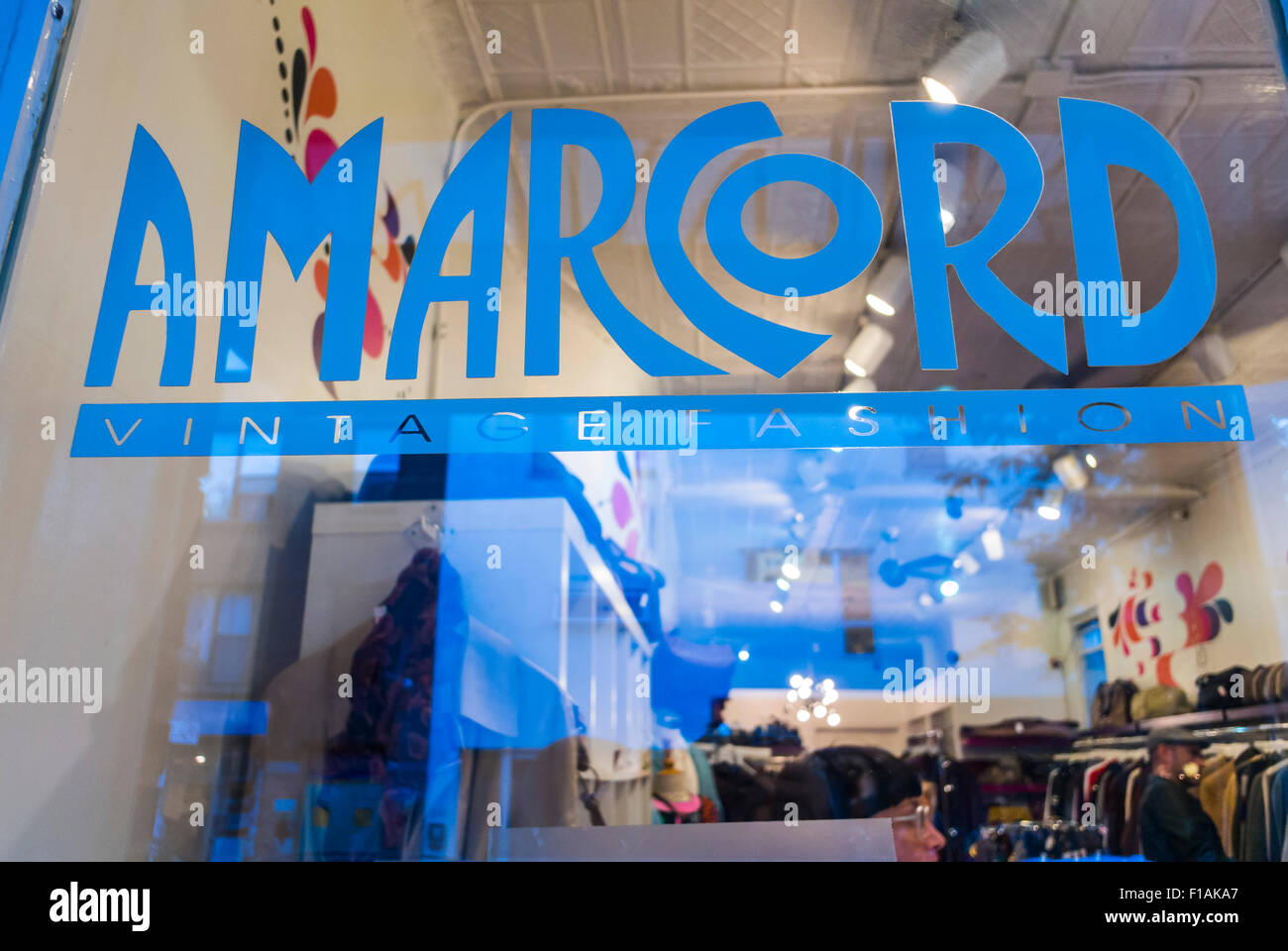 New York City, USA, Shop Window Logo, Vintage CLothing Store 'Amarcord'  in Brooklyn Stock Photo