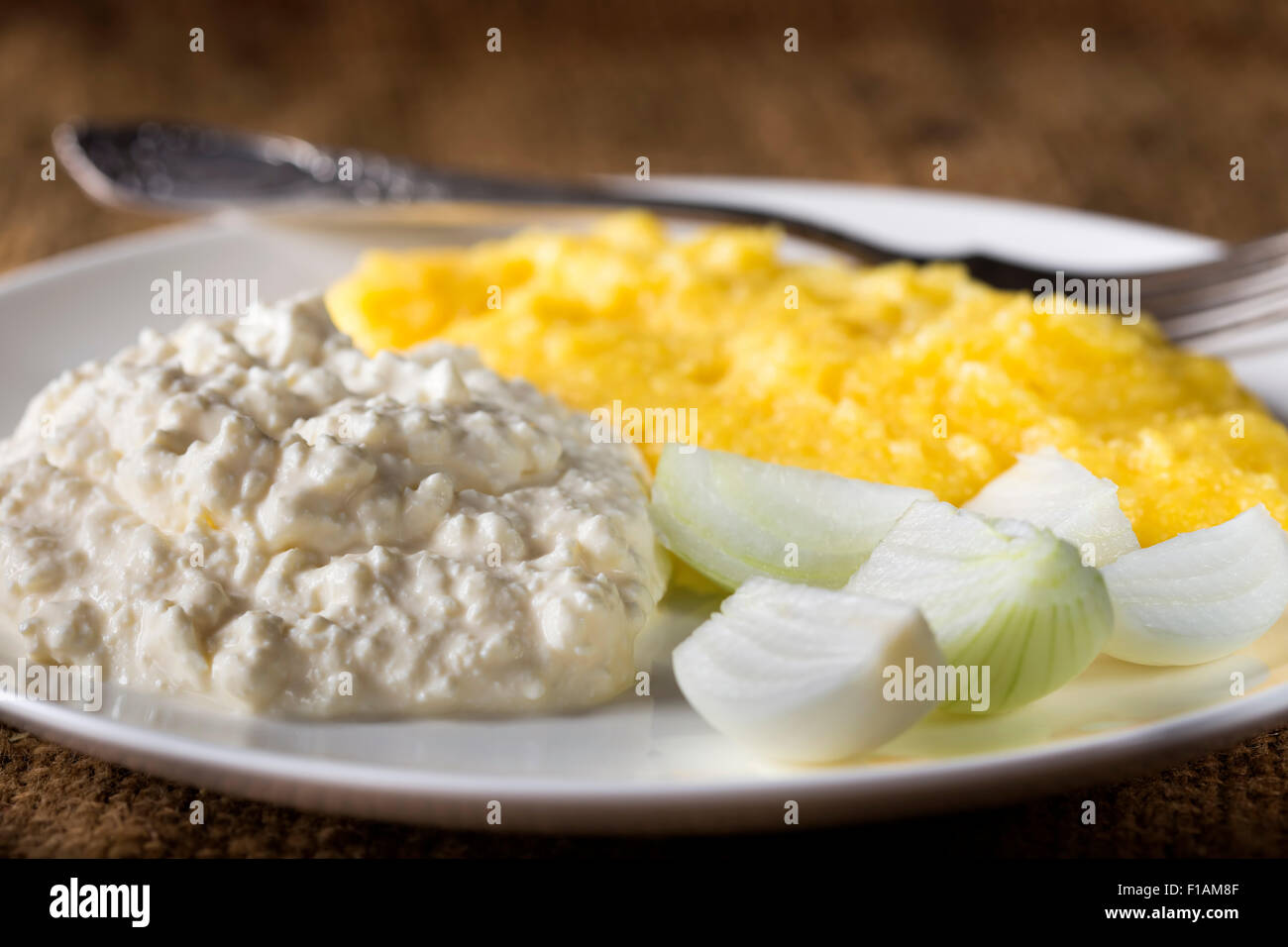 Polenta, cheese with cream and fresh onion on plate Stock Photo