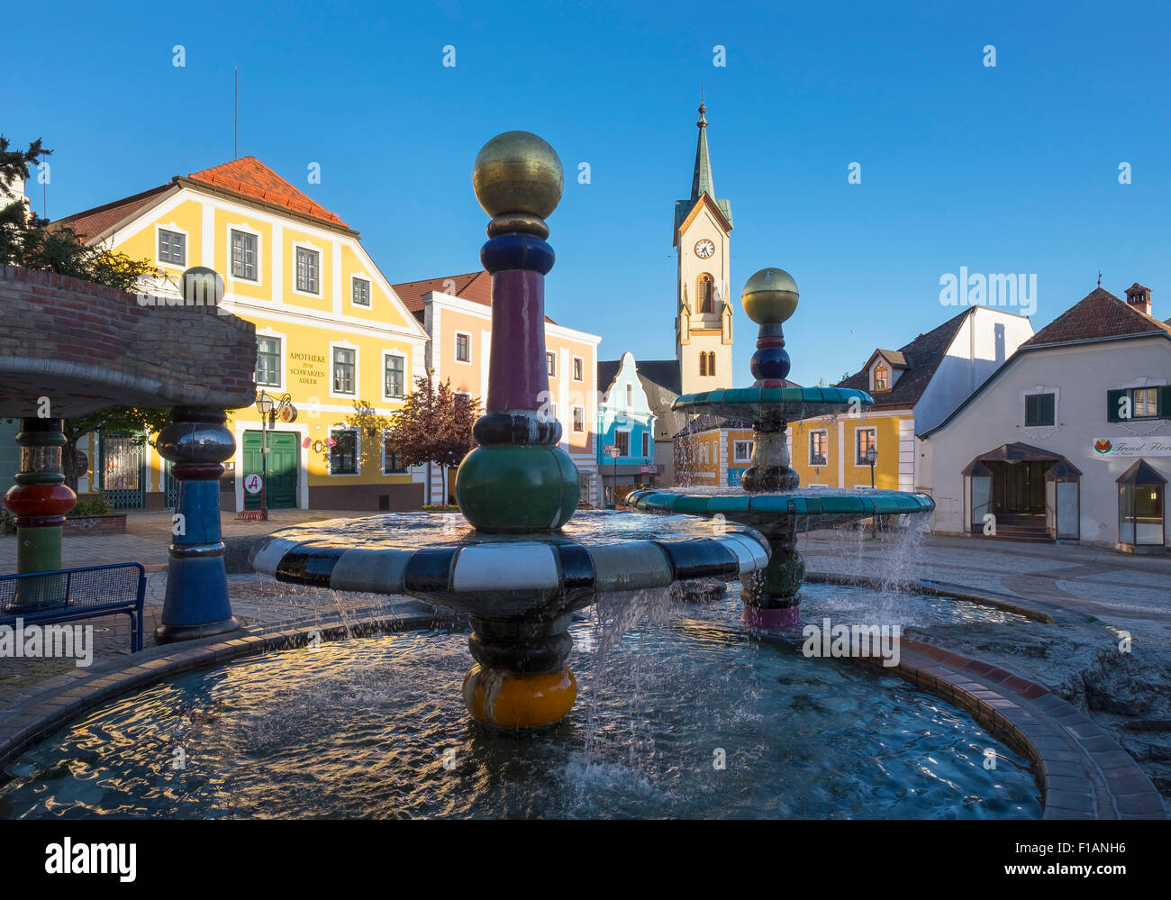 Austria, Lower Austria, Zwettl, Hundertwasser fountain on main square