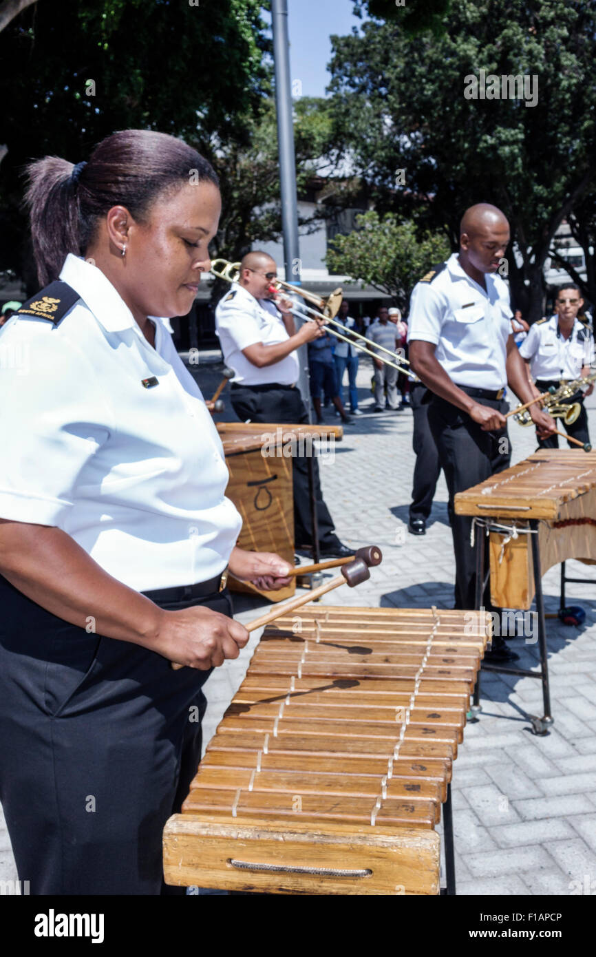 Cape Town South Africa,City Centre,center,Adderley Street,Navy Band,musicians,playing,free concert performance,Black Afro American,woman female women, Stock Photo
