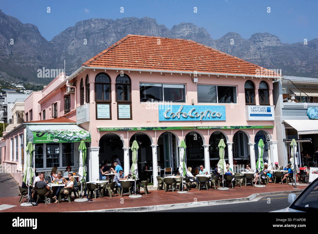 Cape Town South Africa,Camps Bay,Victoria Road,Table Mountain National Park,Cafe  Caprice,restaurant restaurants food dining cafe cafes,al fresco sidew Stock  Photo - Alamy