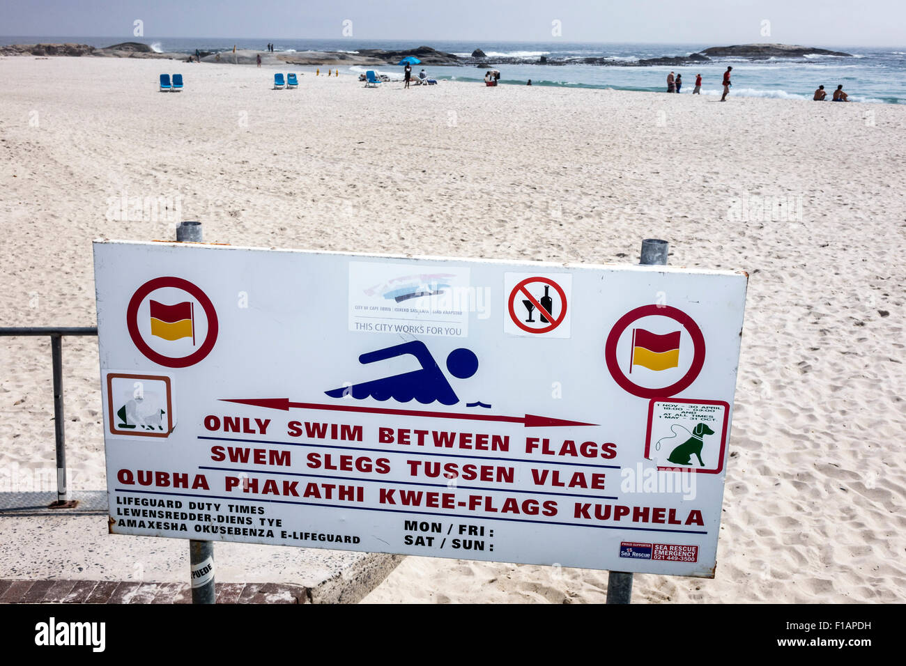 Cape Town South Africa,Camps Bay,Victoria Road,Table Mountain National Park,public beach park,sign,English Afrikaans,Zulu,languages,bilingual,multilin Stock Photo