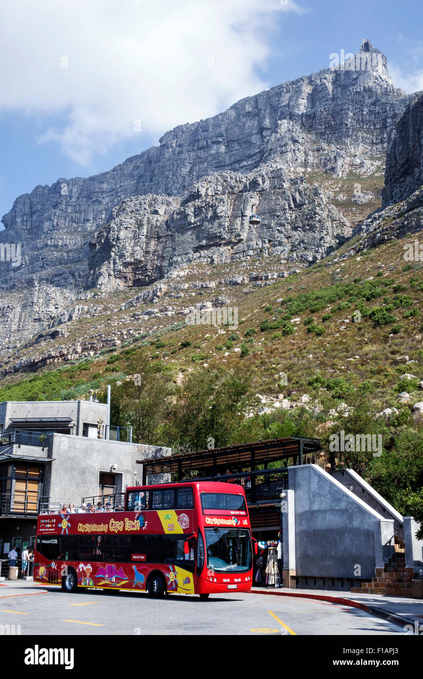 Cape Town South Africa,Table Mountain National Park,Tafelberg Road,Aerial Cablecar Cableway Tramway,lower upper station,coach,bus,red double decker,SA Stock Photo
