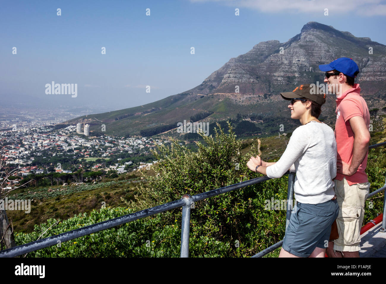 Cape Town South Africa,Table Mountain National Park,Tafelberg Road,Aerial Cable car Cableway Tramway,lower station,panoramic view,woman female women,m Stock Photo