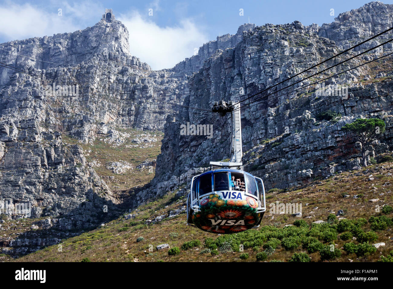 Cape Town South Africa,Table Mountain National Park,nature reserve,Tafelberg Road,Aerial Cable car Cableway Tramway,approaching lower station,Rotair c Stock Photo