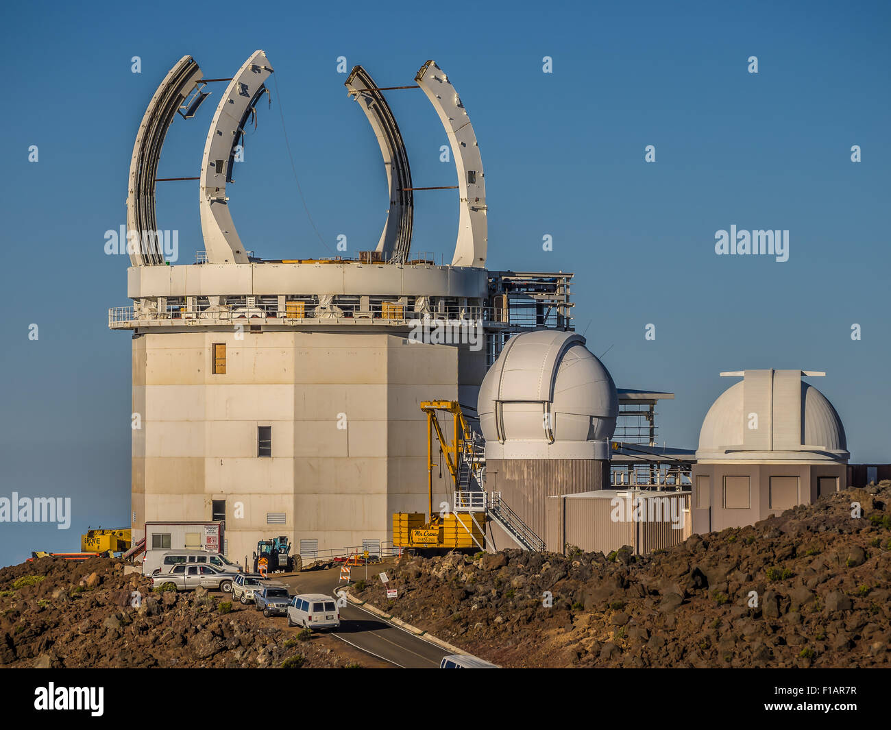 Observatories at the summit of Haleakala Maui showing the construction of the Solar Telescope. Stock Photo