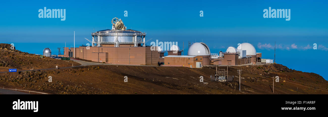 Science City observatory at the summit of Haleakala Maui Hawaii. Telescopes and the buildings perched on the top of the volcano. Stock Photo