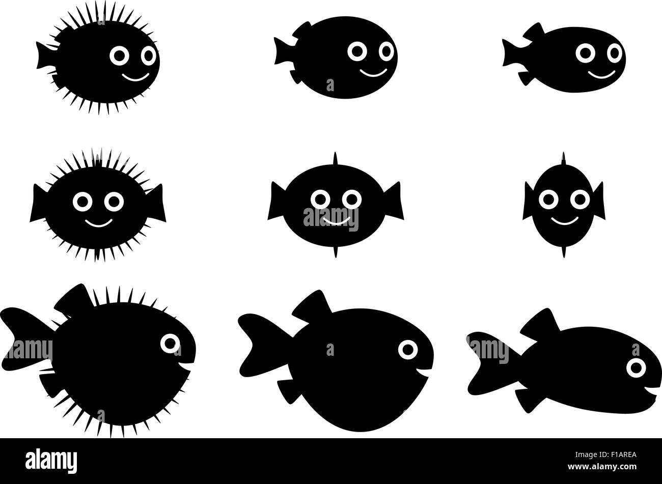 Set of pufferfish, blowfish and globefish in silhouette style with cartoon eyes Stock Vector