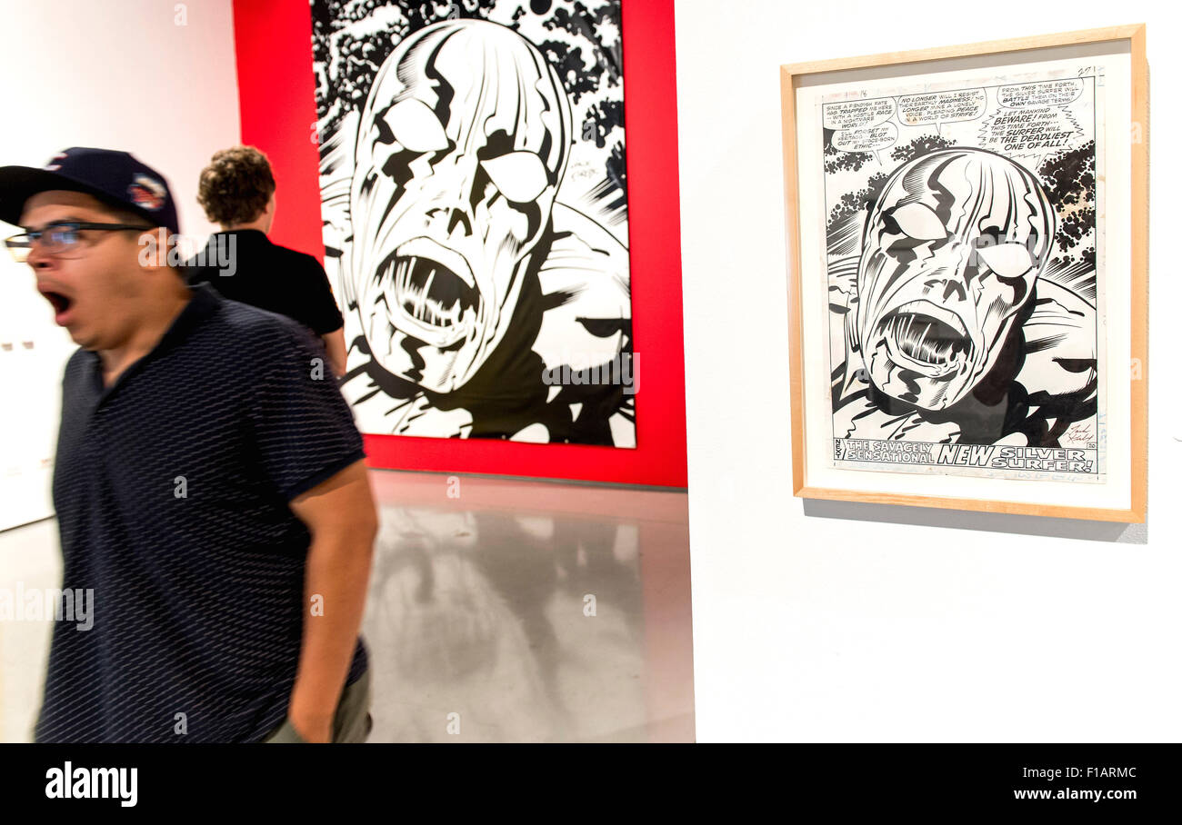 Northridge, California, USA. 31st Aug, 2015. Comic book artist Jack Kirby  is celebrated at the CSUN Art Galleries with an exhibition entitled 'Comic  Book Apocalypse: The Graphic World of Jack Kirby.' Widely