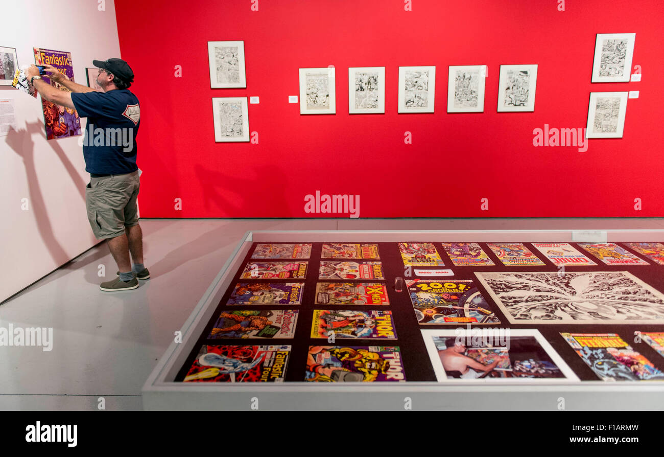 Northridge, California, USA. 31st Aug, 2015. Comic book artist Jack Kirby is celebrated at the CSUN Art Galleries with an exhibition entitled 'Comic Book Apocalypse: The Graphic World of Jack Kirby.' Widely regarded as ''The King of Comics, '' Kirby was co-creator of the Avengers, X-Men, the Fantastic Four, Thor, the Hulk, Captain America, Iron Man, Spider Man and many other iconic comic book heroes. Credit:  Brian Cahn/ZUMA Wire/Alamy Live News Stock Photo