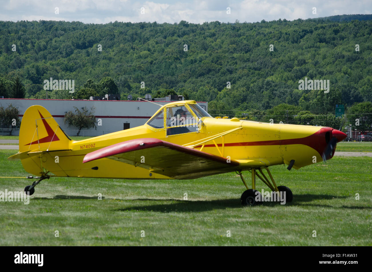Towing sailplane on Dansville airport grass runway. Stock Photo