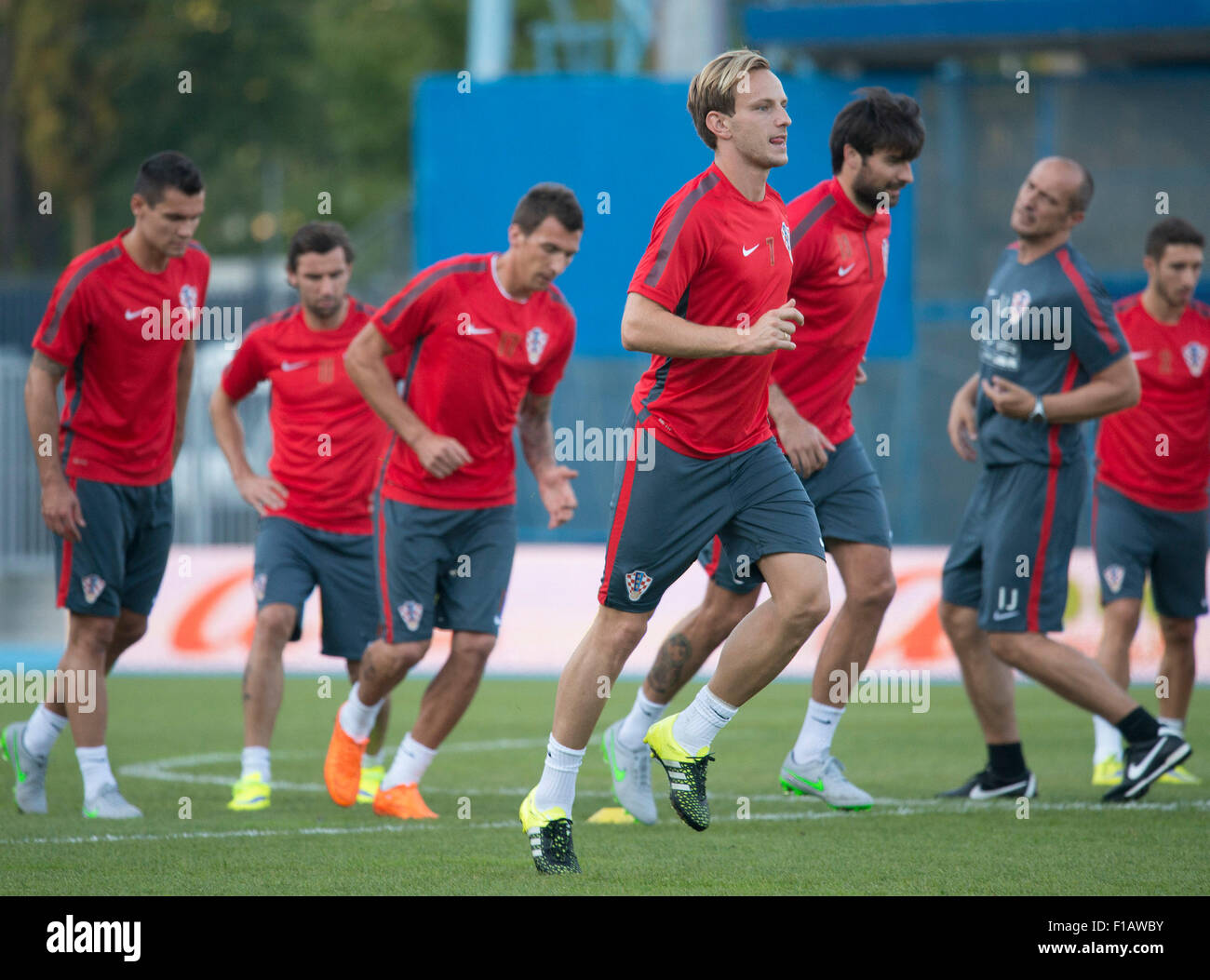 Zagreb, Croatia. 31st Aug, 2015. Ivan Rakitic (front) of Croatia attends a training session with his teammates ahead of the Euro 2016 qualifiers against Azerbaijan at Maksimir stadium in Zagreb, Croatia, Aug. 31, 2015. Credit:  Miso Lisanin/Xinhua/Alamy Live News Stock Photo
