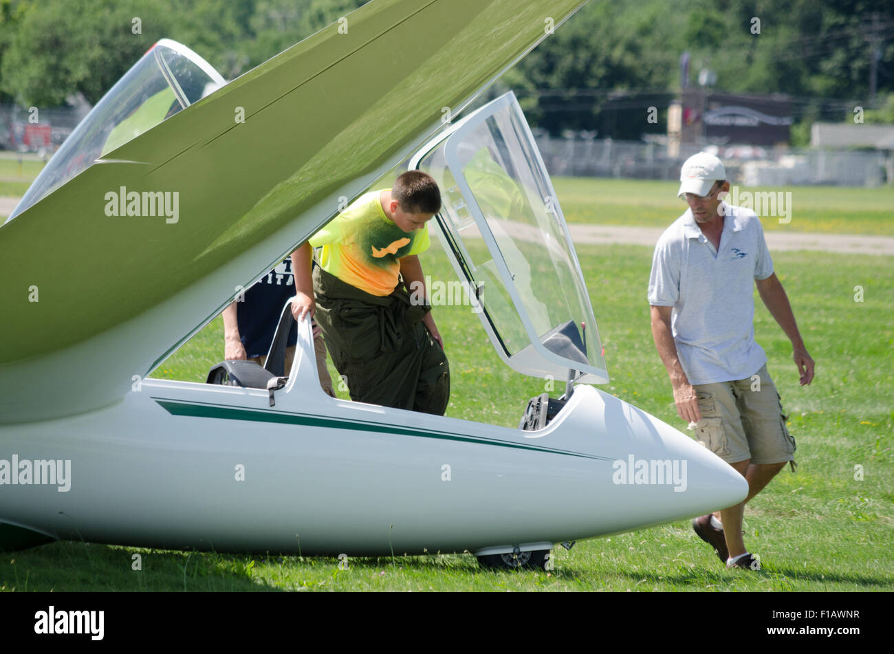 Young student getting first ride in a sailplane. Stock Photo
