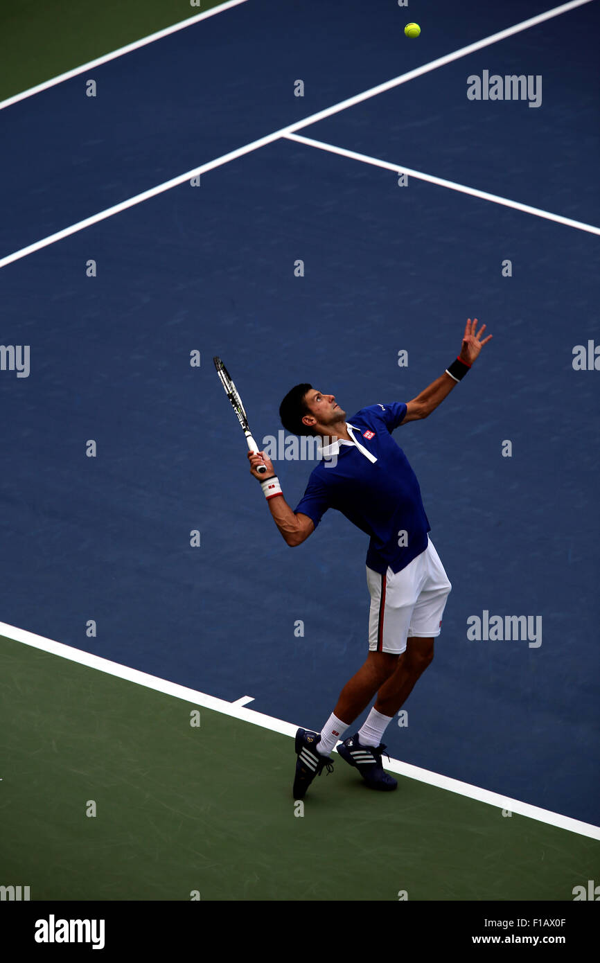 New York, USA. 31st Aug, 2015. Number one seed Novak Djokovic serving in first round action against Joao Souza of Brazil on Monday, August 31st, at the U.S. Open in Flushing Meadows, Credit:  Adam Stoltman/Alamy Live News Stock Photo