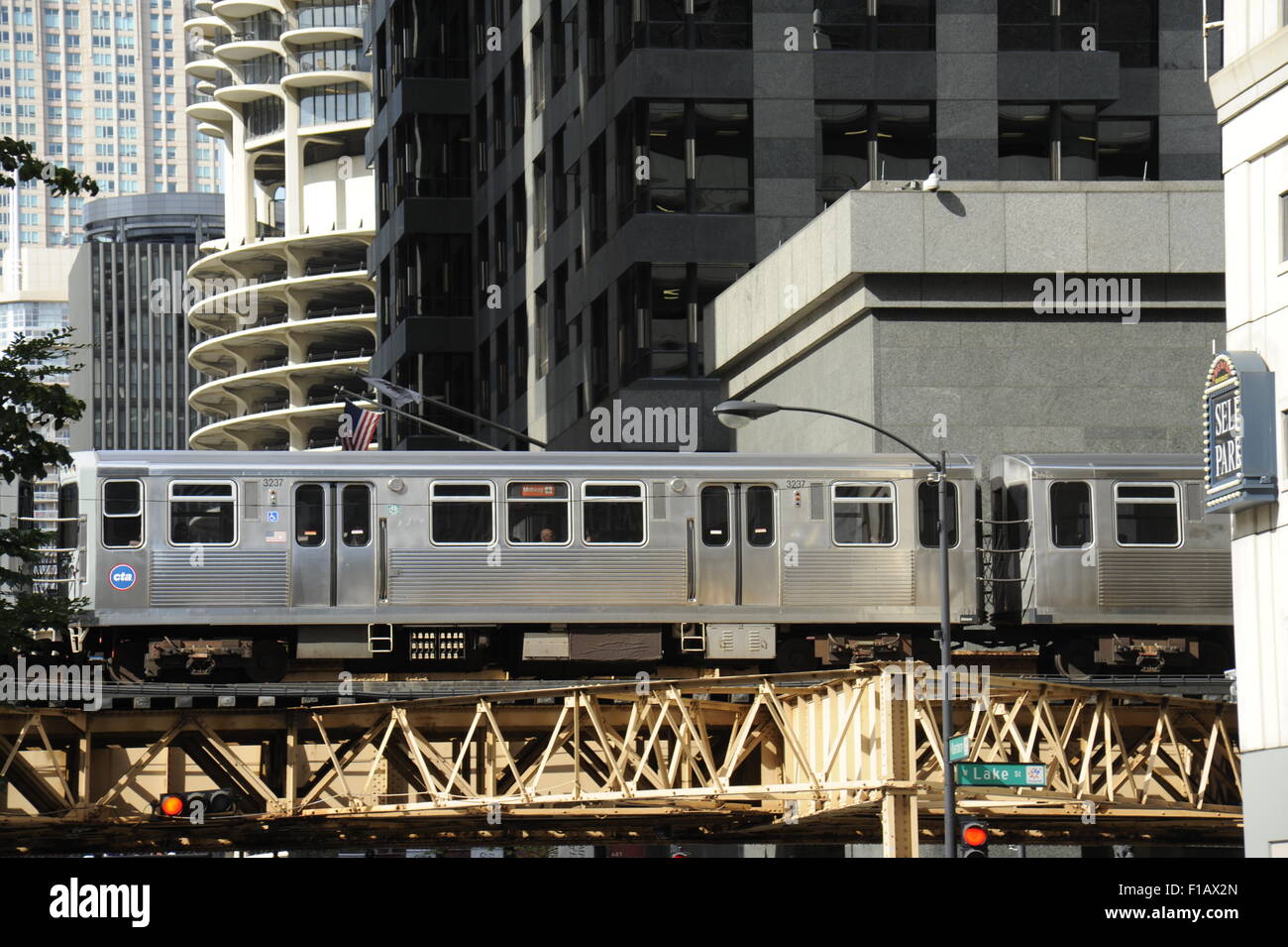 The CTA "El Train" elevated subway train traveling down Wabash Avenue