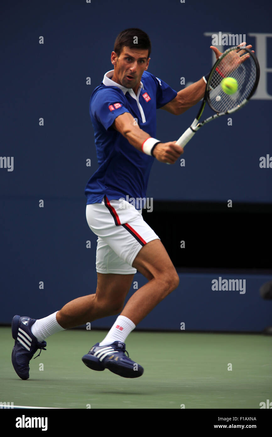 New York, USA. 31st Aug, 2015. Number one seed Novak Djokovic in first round action against Joao Souza of Brazil on Monday, August 31st, at the U.S. Open in Flushing Meadows, New York. Credit:  Adam Stoltman/Alamy Live News Stock Photo