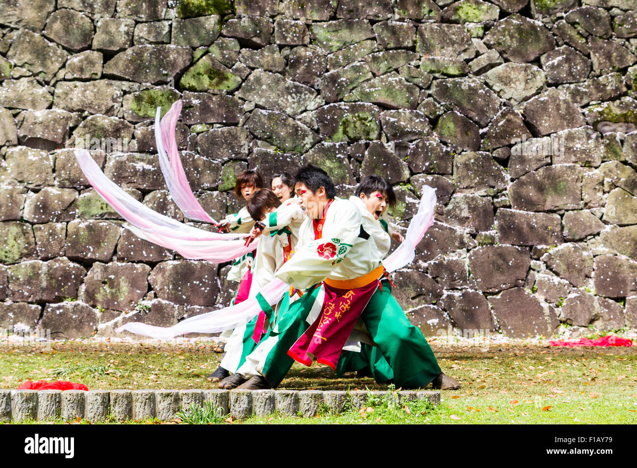 Kumamoto, Japan, Hinokuni Yosakoi Dance Festival. Dance troupe dancing in row front of castle wall while swirling pink scarfs. Facing, front view. Stock Photo