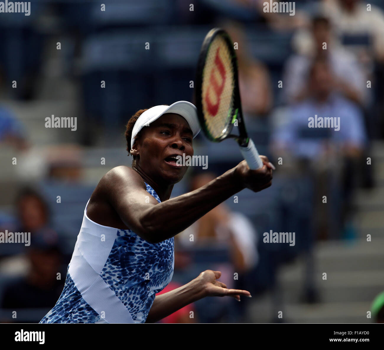 New York, USA. 31st Aug, 2015. Venus Williams in action against Monica Puig during the first round of the U.S. Open in Flushing Meadows, New York on Monday, August 31st. Credit:  Adam Stoltman/Alamy Live News Stock Photo