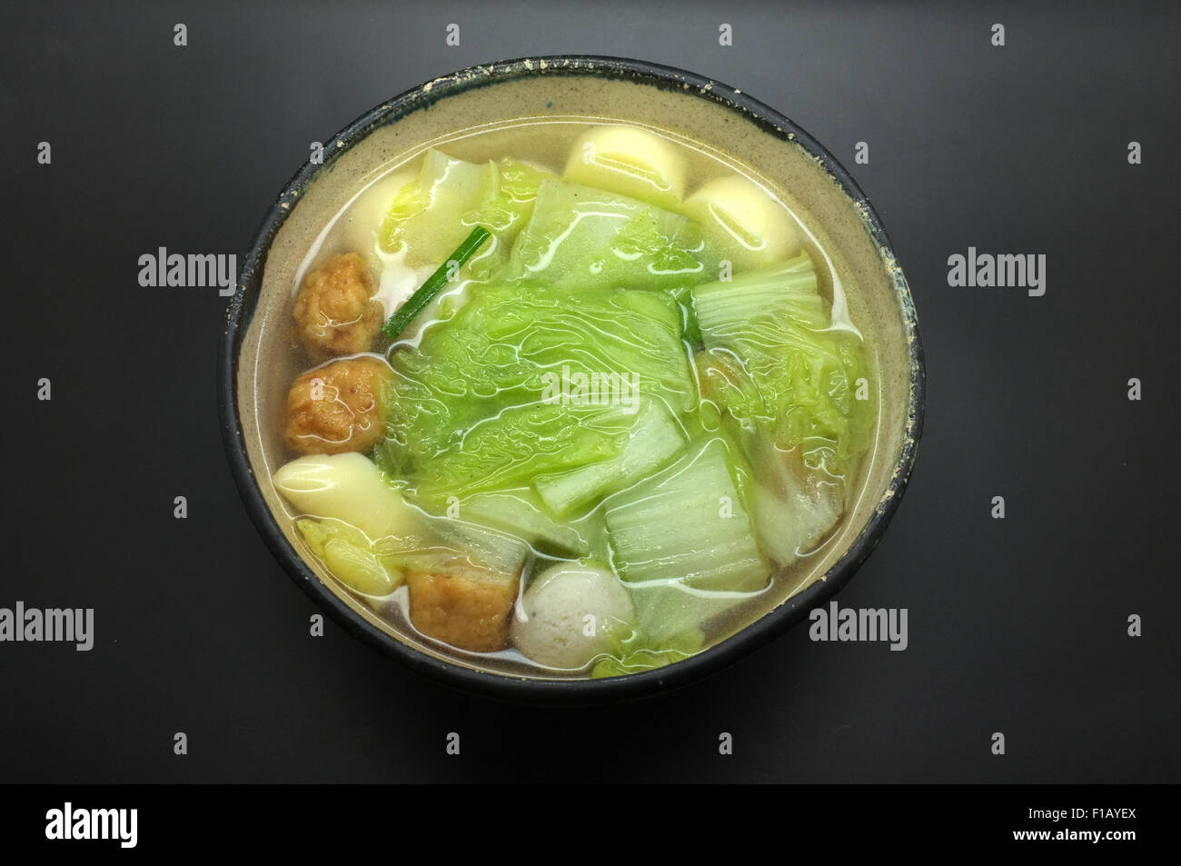 Vegetable soup with chinese cabbage, egg tofu and fish ball Stock Photo