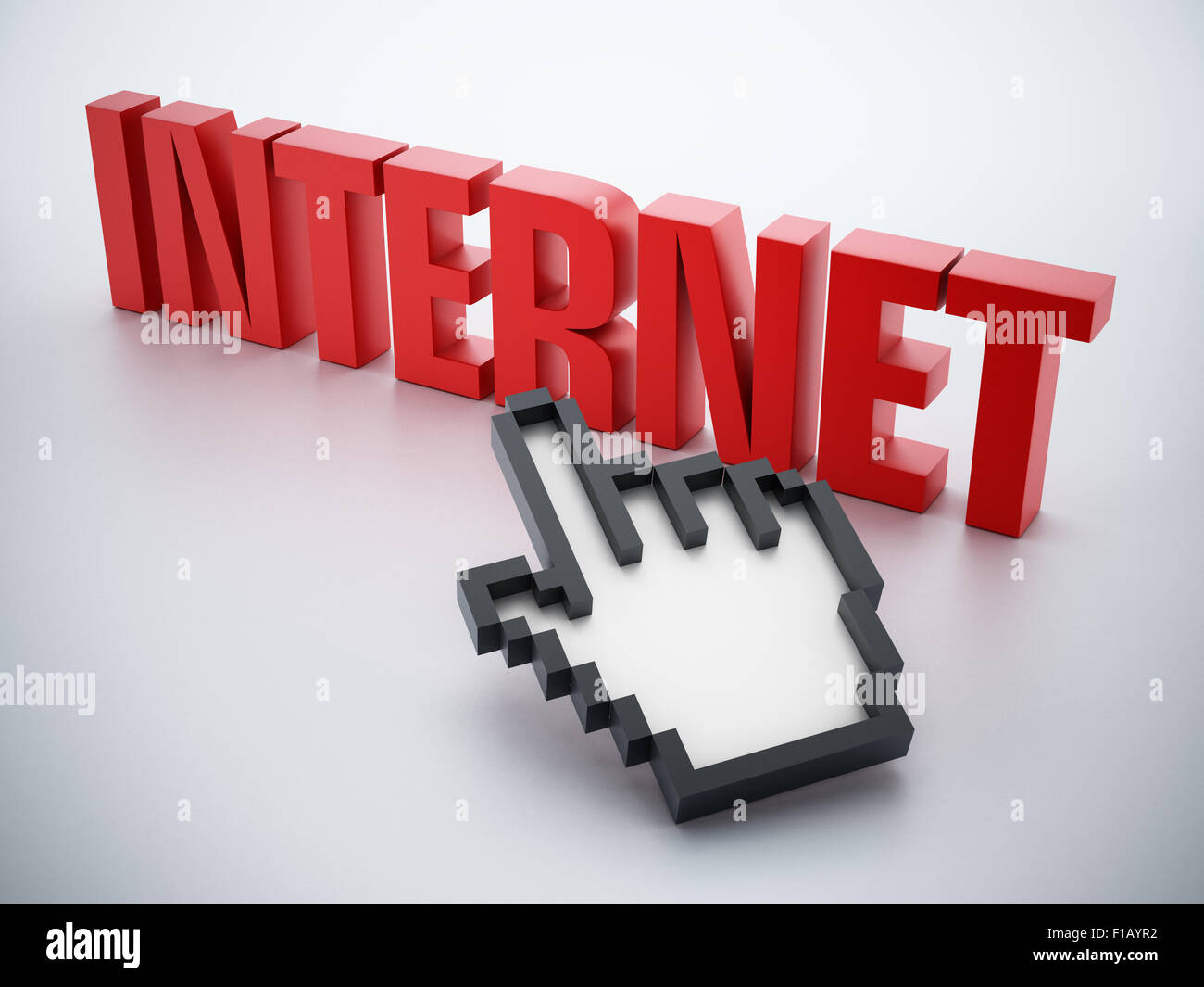Hand cursor on red internet word. Stock Photo