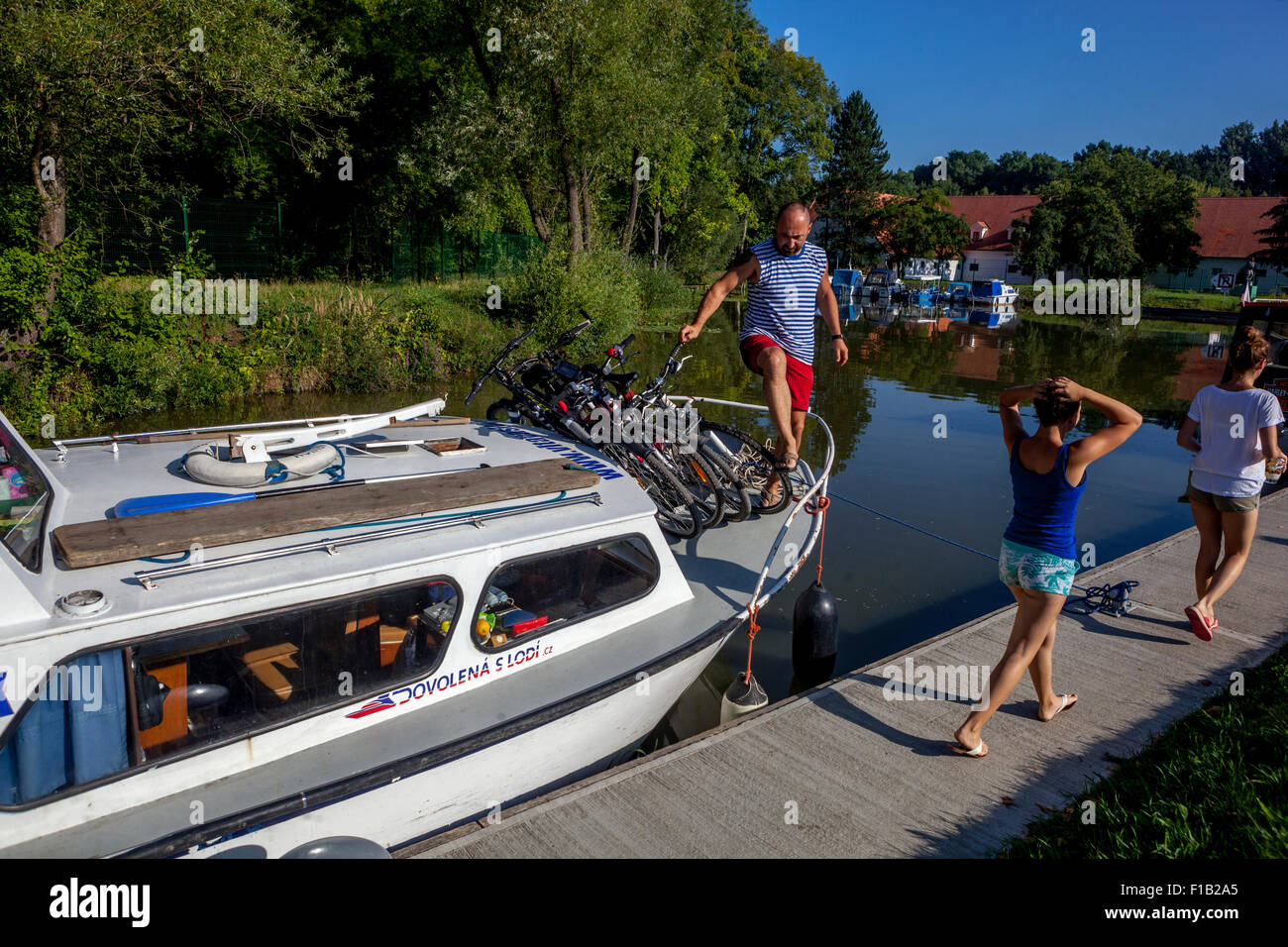 Bata Canal, port Straznice, South Moravia, Czech Republic, Europe Bata Canal is a navigable canal Family boat trip Stock Photo