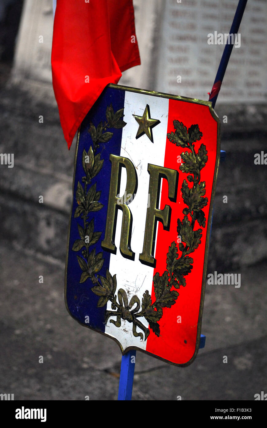République Française RF shield on war memorial Stock Photo