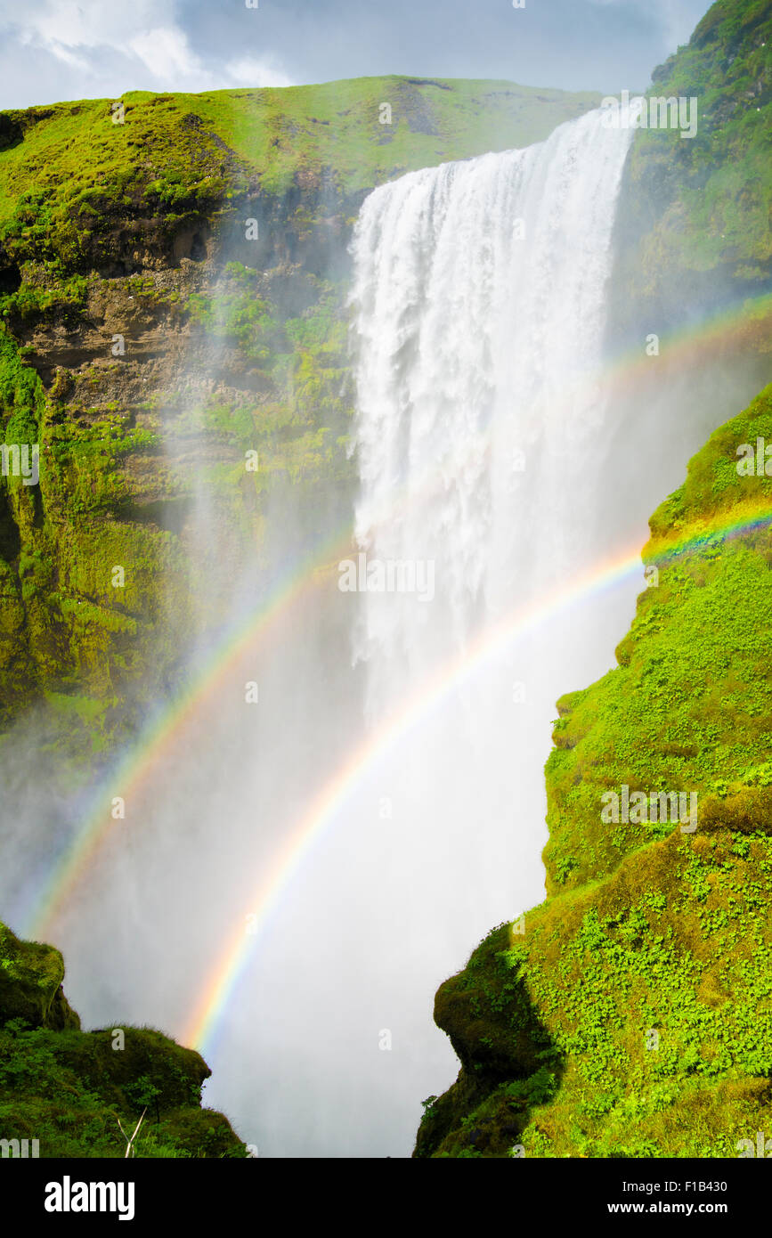Skógafoss waterfall, Skogafoss with double rainbow, Iceland Stock Photo ...