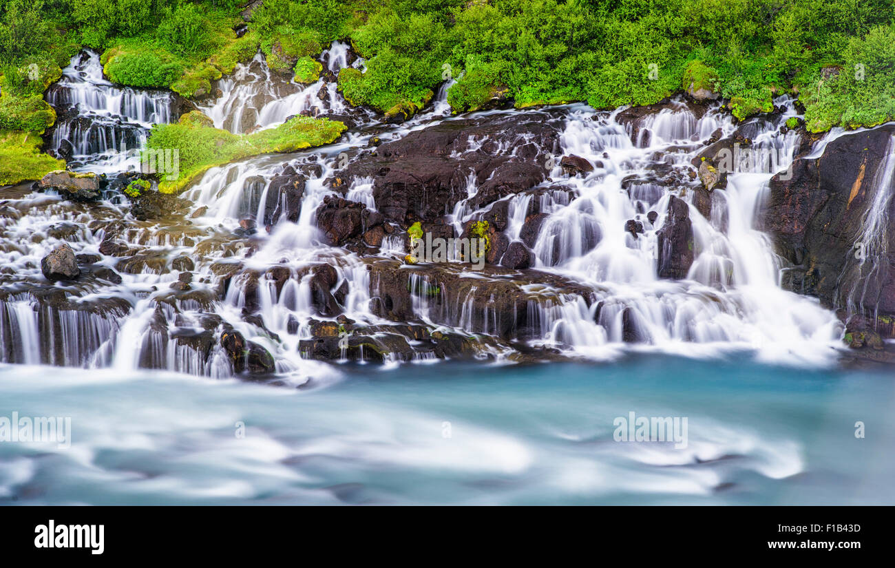 Hraunfossar Waterfalls with river Hvítá, Iceland Stock Photo