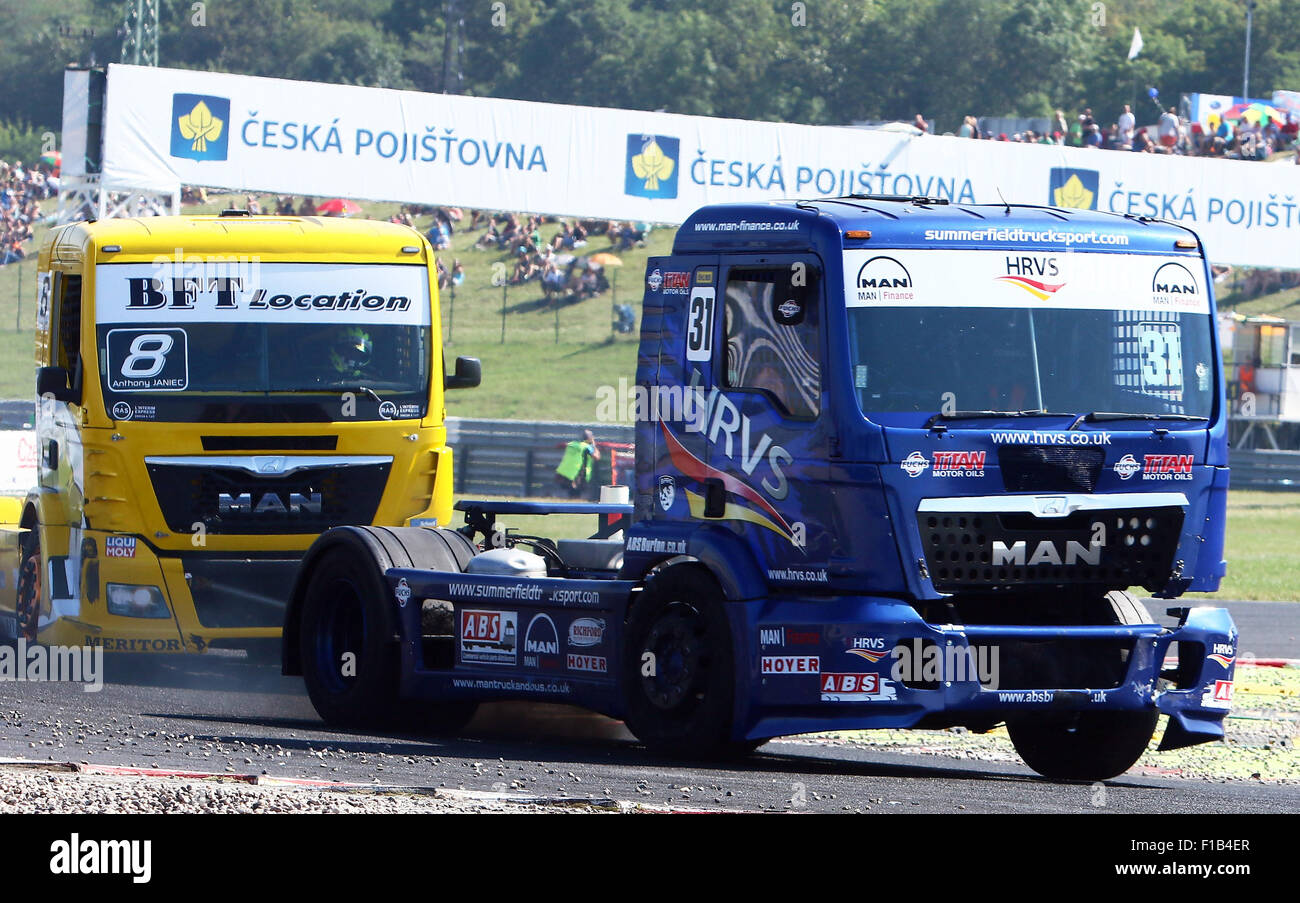 Most, Czechy. 30th Aug, 2015. from left Anthony JANIEC (FRA), MAN, Lion Truck Racing, Mathew SUMMERFIELD (GB), MAN.FIA European Truck Racing Championship 2015, 6th race, Autodrom Most, August 28, 2015, .in the 6th of 10 races in 9 European countries .1100 hp trucks of Mercedes, Iveco, MAN, Scania and Frightliner fight for the European championship. Credit:  Wolfgang Fehrmann/Wolfgang Fehrmann/ZUMA Wire/Alamy Live News Stock Photo
