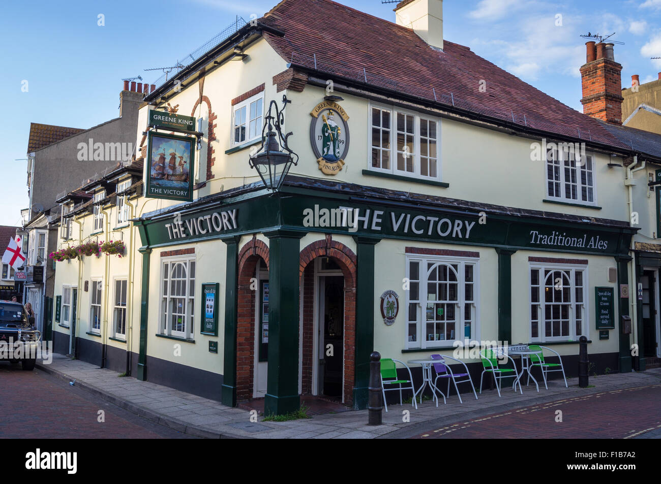 Exterior of 'The Victory' Greene King pub, Walton on the Naze, Essex, England, UK Stock Photo