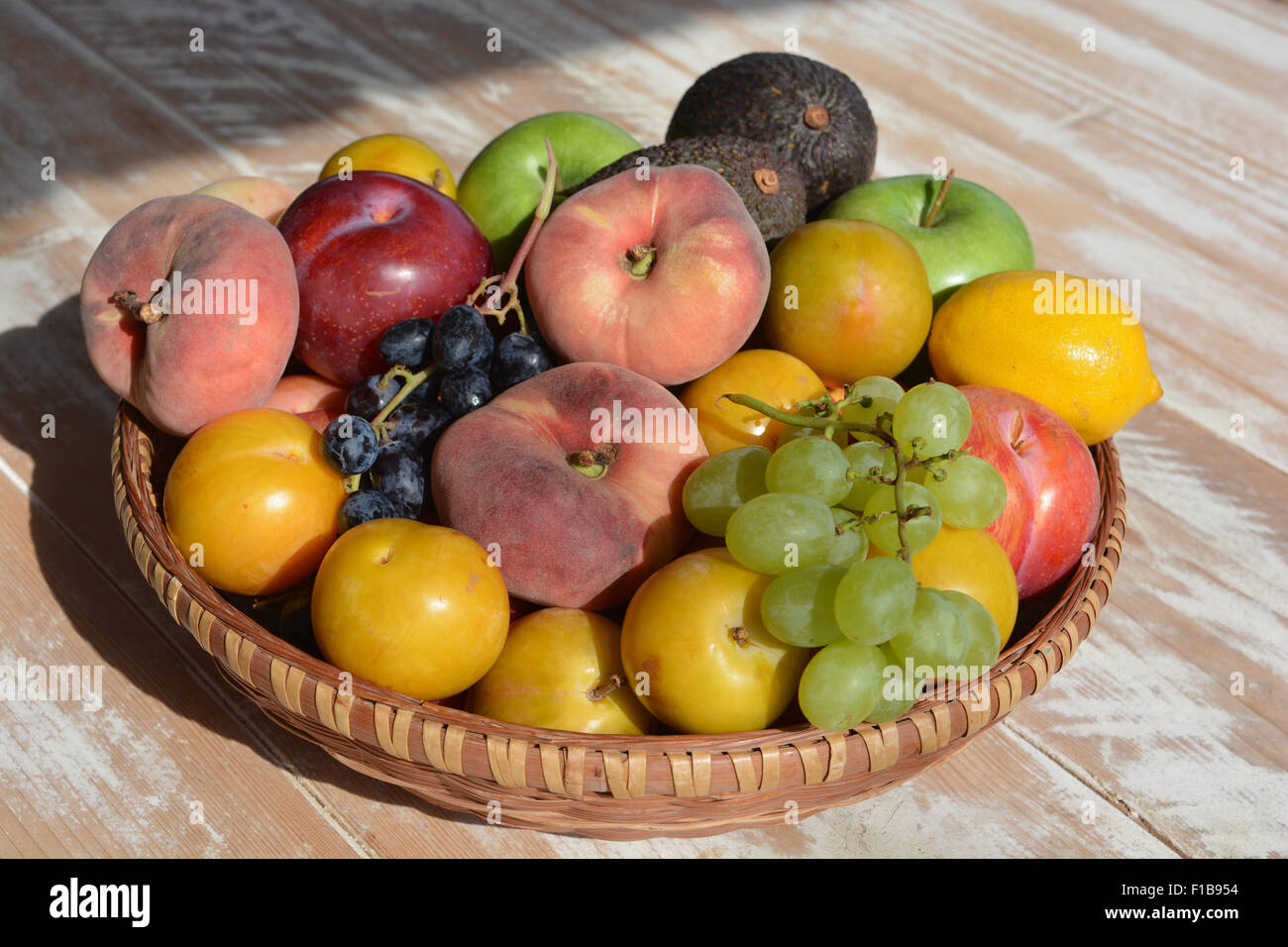 Fruit basket, Grapes, Red & Yellow Plums, Paraguaya peaches, Lemons
