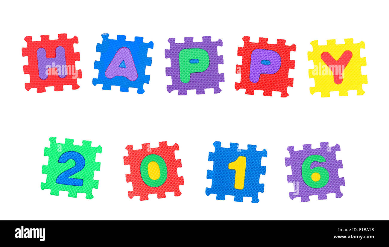 Happy 2016 from letter puzzle, isolated on white background. Stock Photo