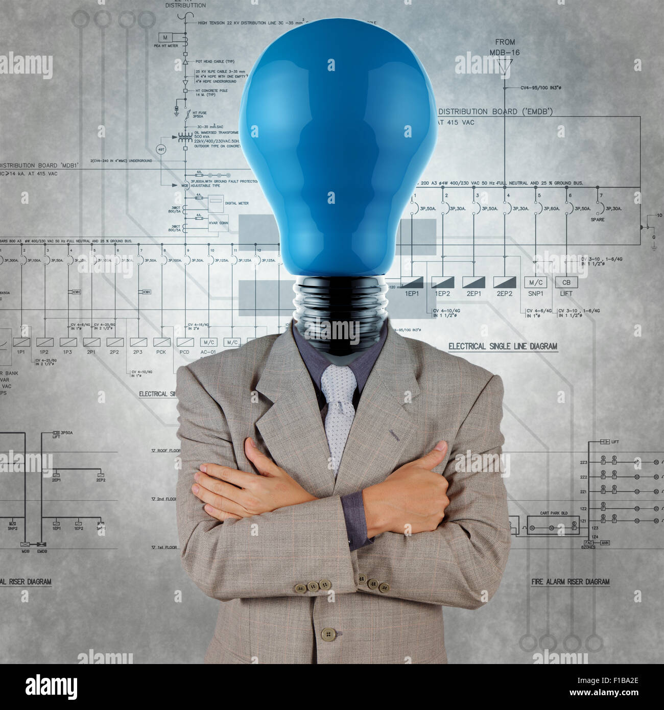 smart engineer with blue lightbulb head with electrical diagram as