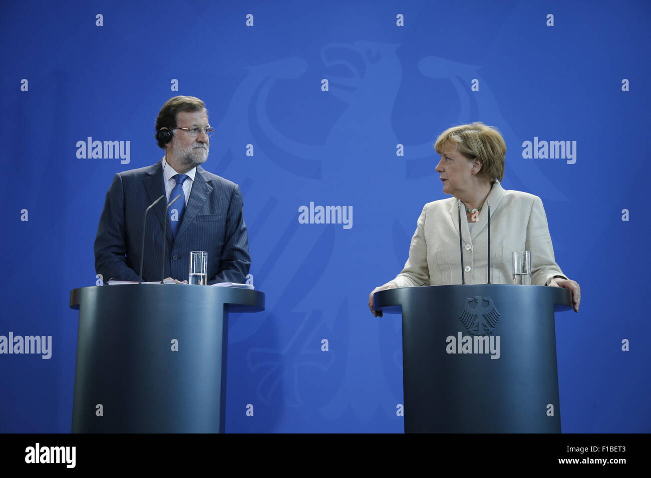 Berlin, Germany. 01st Sep, 2015. German Chancellor Angela Merkel together with Spanish Prime Minster Mariano Rajoy give a joint press conference at the German Chancellery in Berlin, German on september 01, 2015. / Picture:  Mariano Rajoy, Prime Minister of Spain, and Angela Merkel, German Chancellor. Credit:  Reynaldo Chaib Paganelli/Alamy Live News Stock Photo
