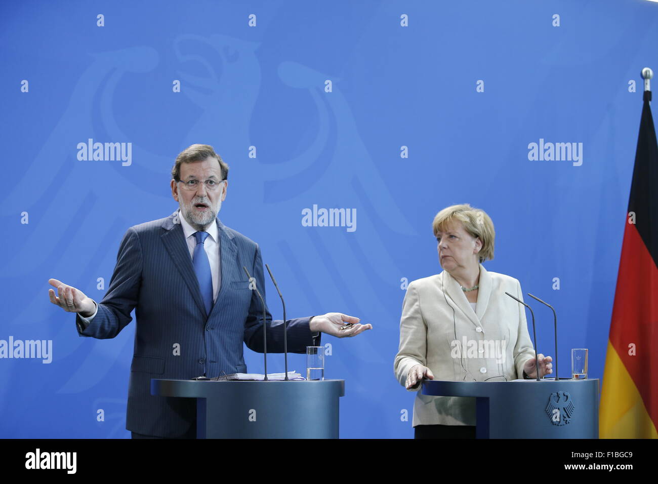 Berlin, Germany. 01st Sep, 2015. German Chancellor Angela Merkel together with Spanish Prime Minster Mariano Rajoy give a joint press conference at the German Chancellery in Berlin, German on september 01, 2015. / Picture:  Mariano Rajoy, Prime Minister of Spain, and Angela Merkel, German Chancellor. Credit:  Reynaldo Chaib Paganelli/Alamy Live News Stock Photo