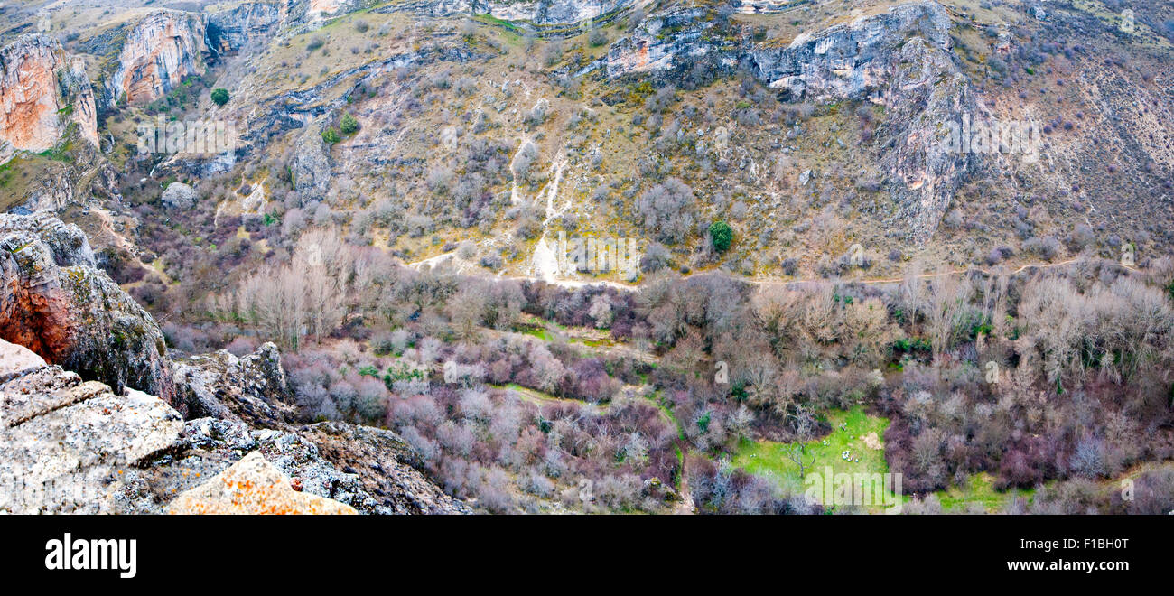 National Park of  Barranco  del Rio Dulce, Guadalahara, Spain. Looking along the ravine in early Spring from a high viewpoint. Stock Photo