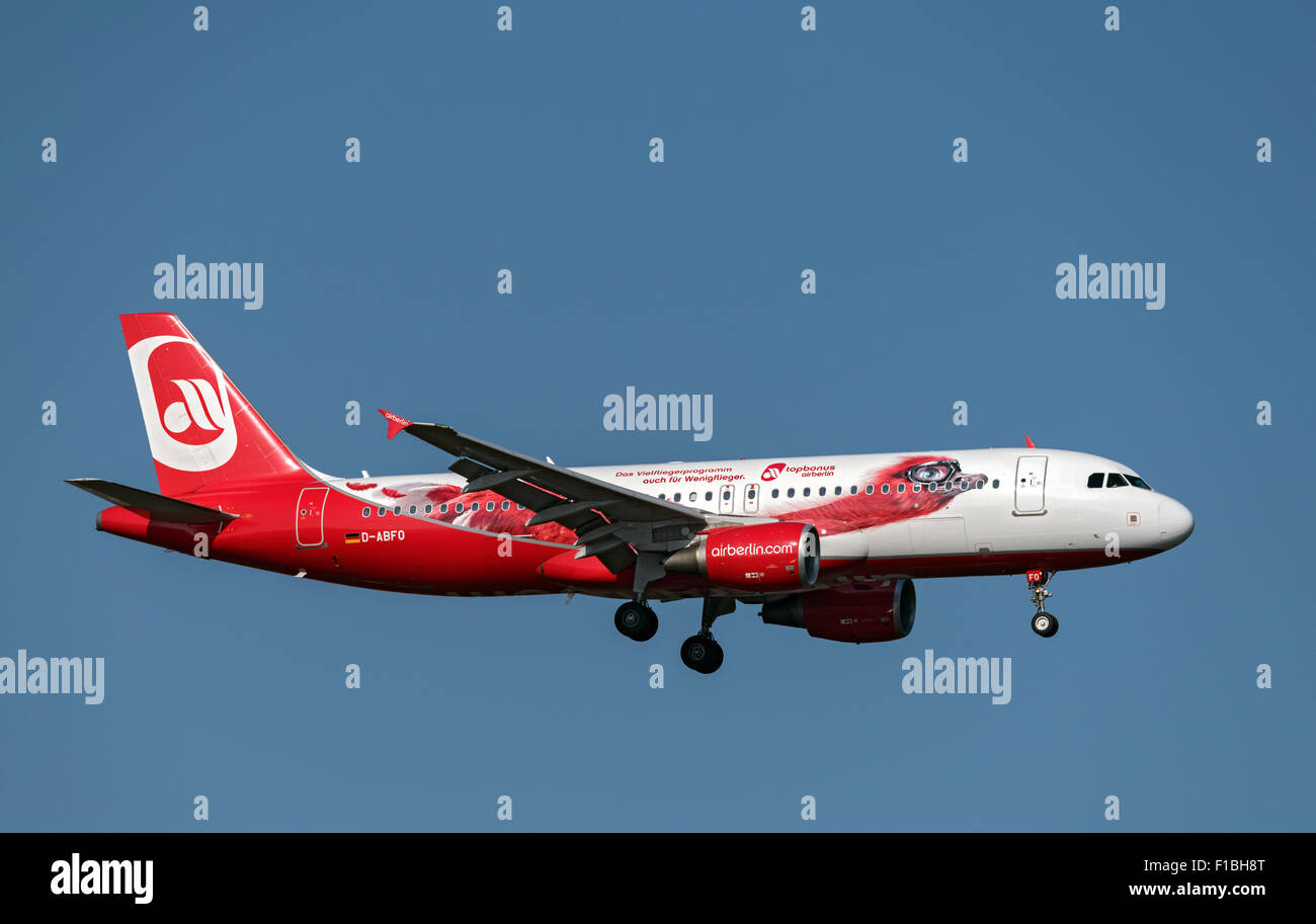 Berlin, Germany, Air Berlin aircraft on approach to the airport Berlin-Tegel Stock Photo