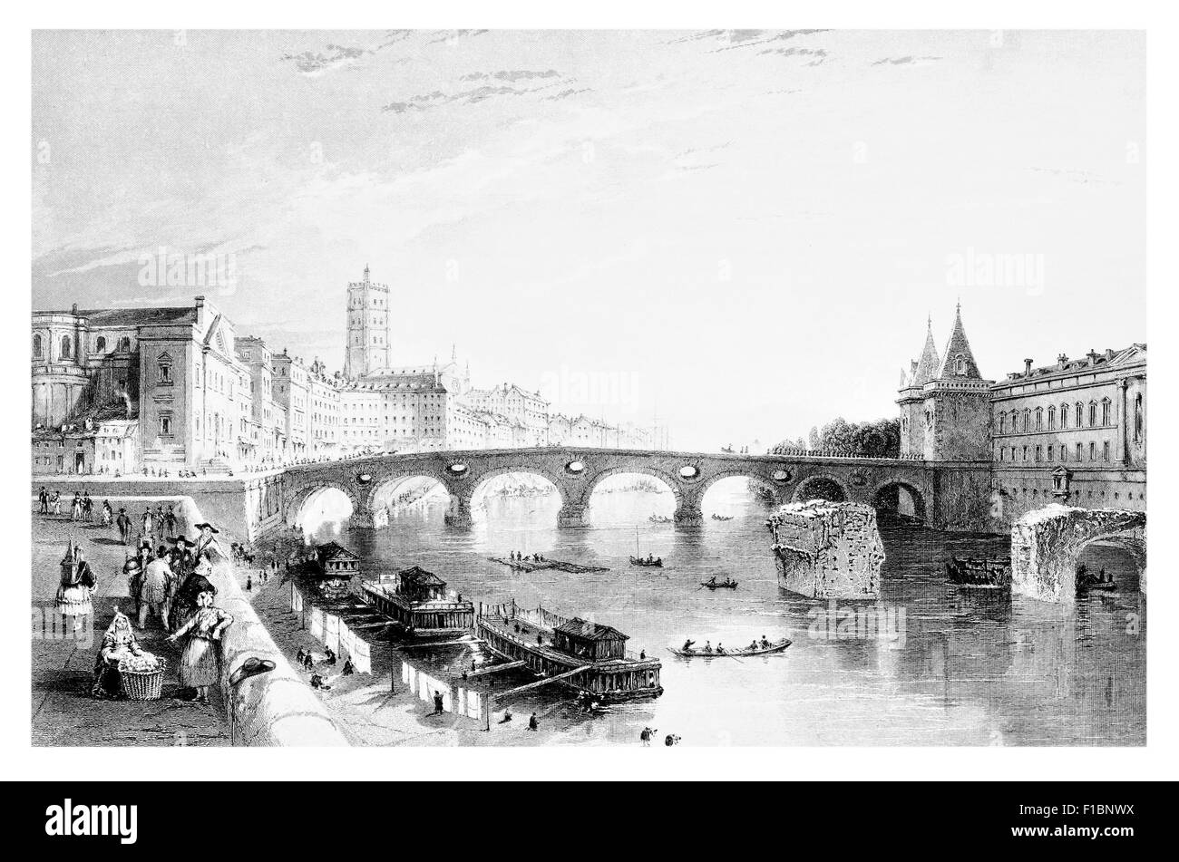 bridge Toulouse  Pont Neuf Garonne river arch bank street vendors Stock Photo