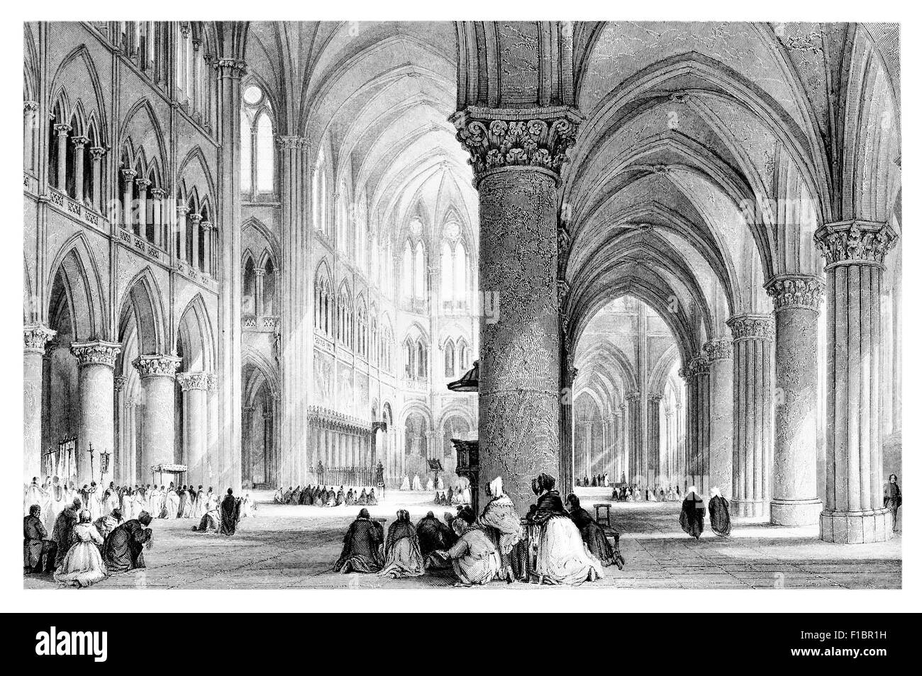 Cathedral Notre Dame Paris interior 1850 Stock Photo