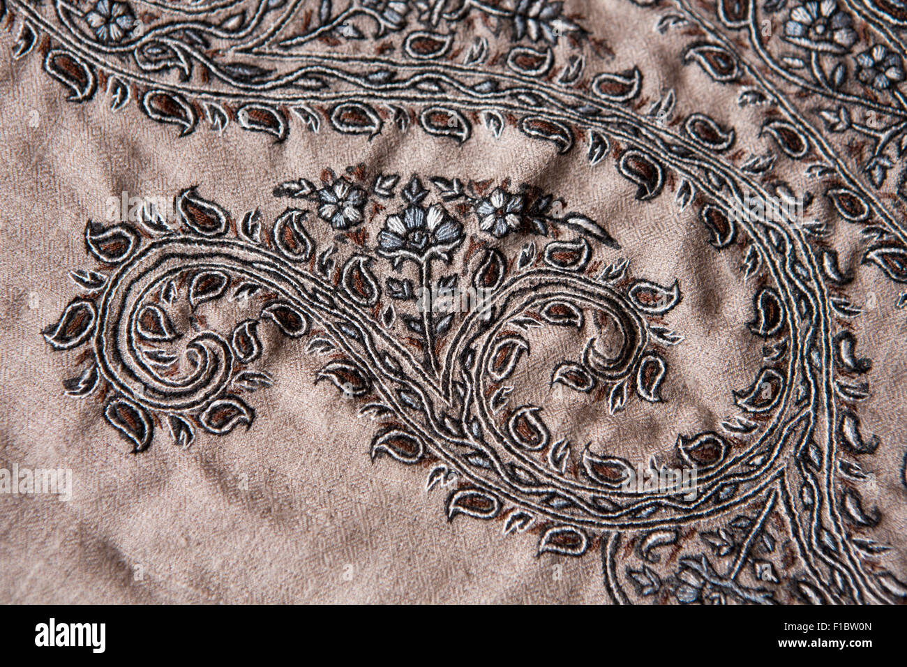 India, Jammu & Kashmir, Srinagar, hand embroiderered pashmina pattern in muted natural neutral colours Stock Photo