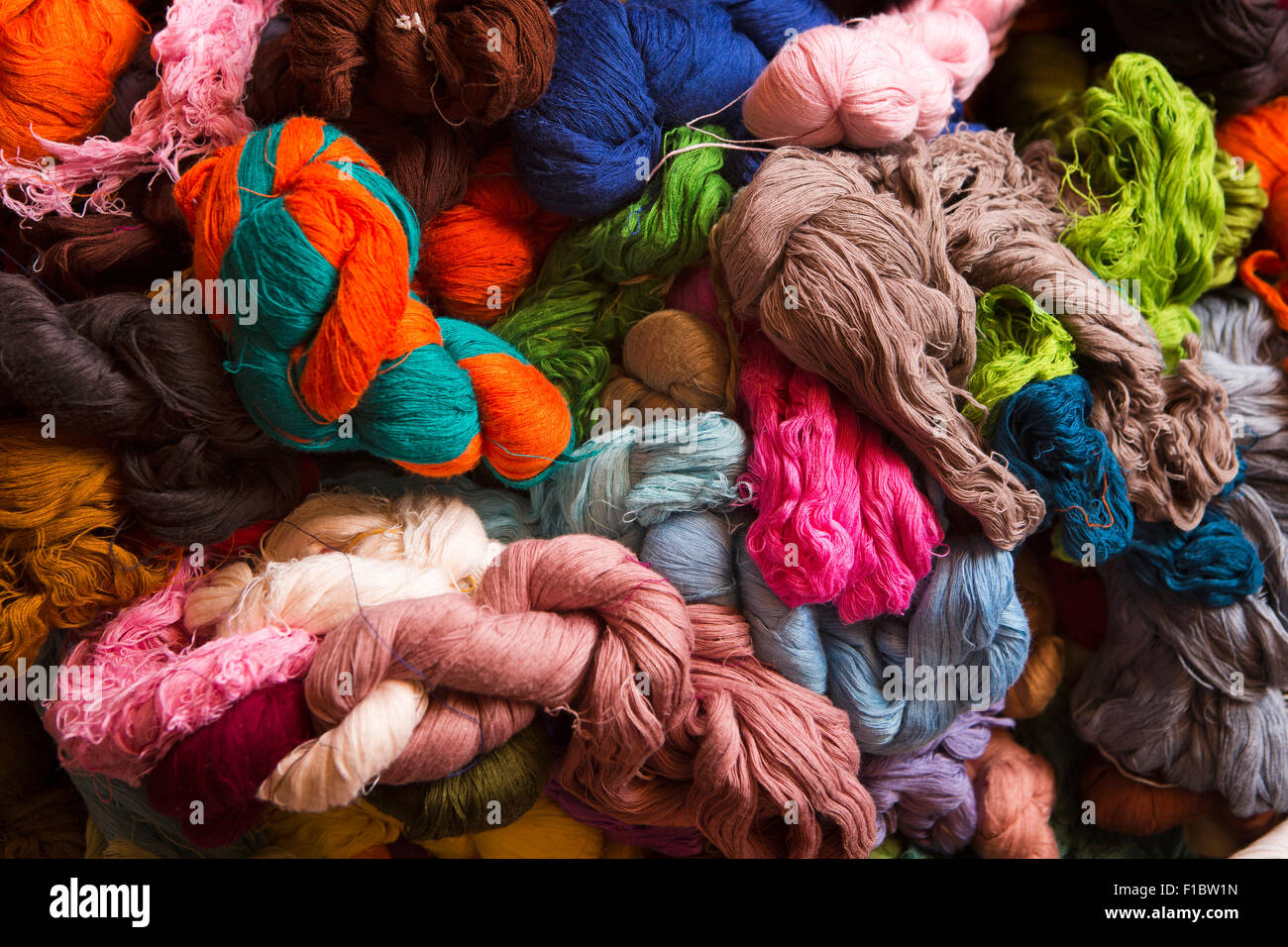 India, Jammu & Kashmir, Srinagar, colourful pashmina embroiderery threads Stock Photo