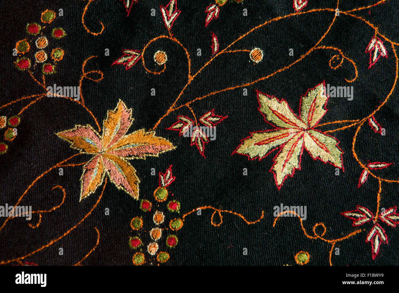 India, Jammu & Kashmir, Srinagar, hand embroiderered chinar leaf motif design of finest quality pashmina Stock Photo