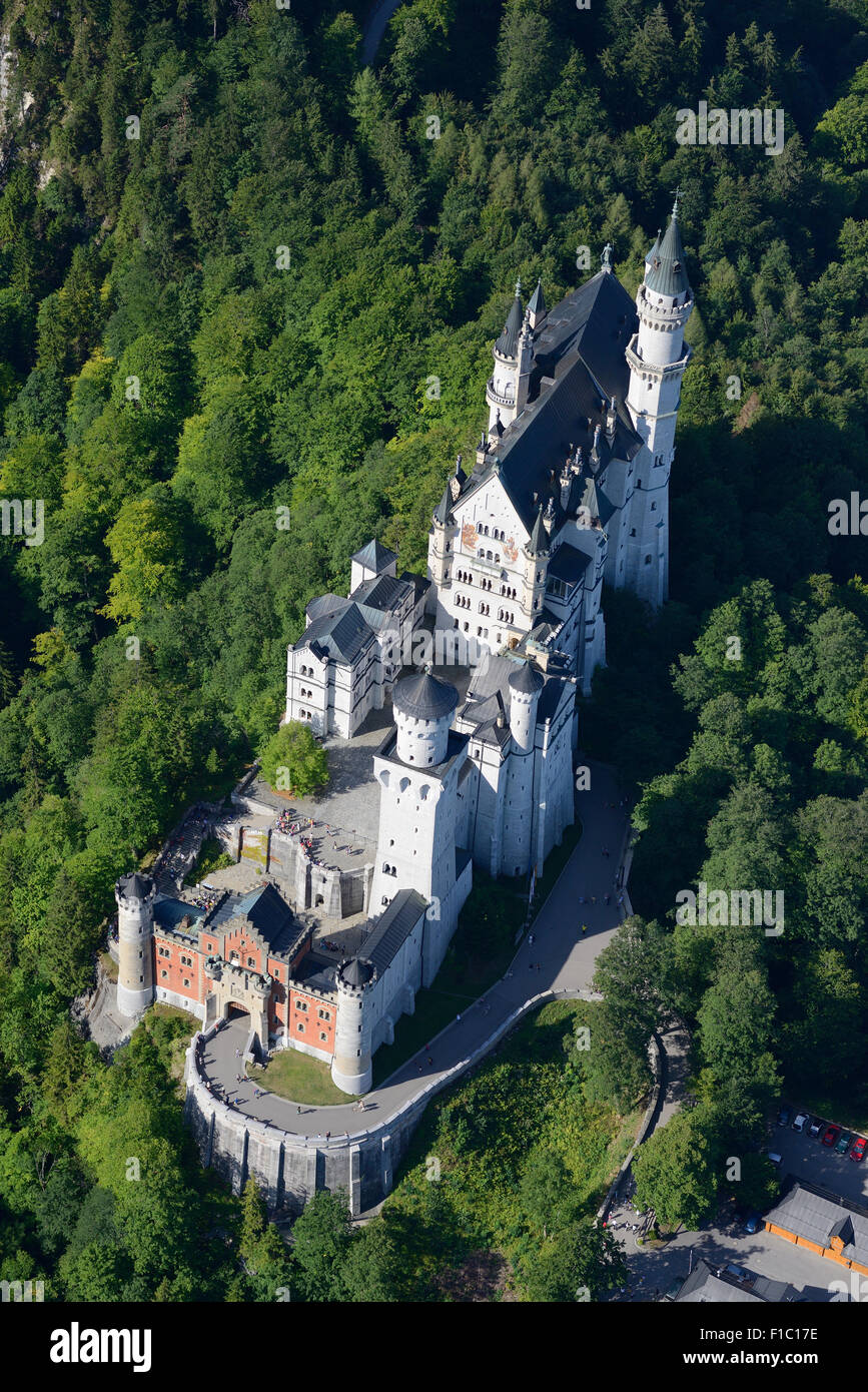 AERIAL VIEW. Neuschwanstein Castle. Füssen, Bavaria, Germany. Stock Photo