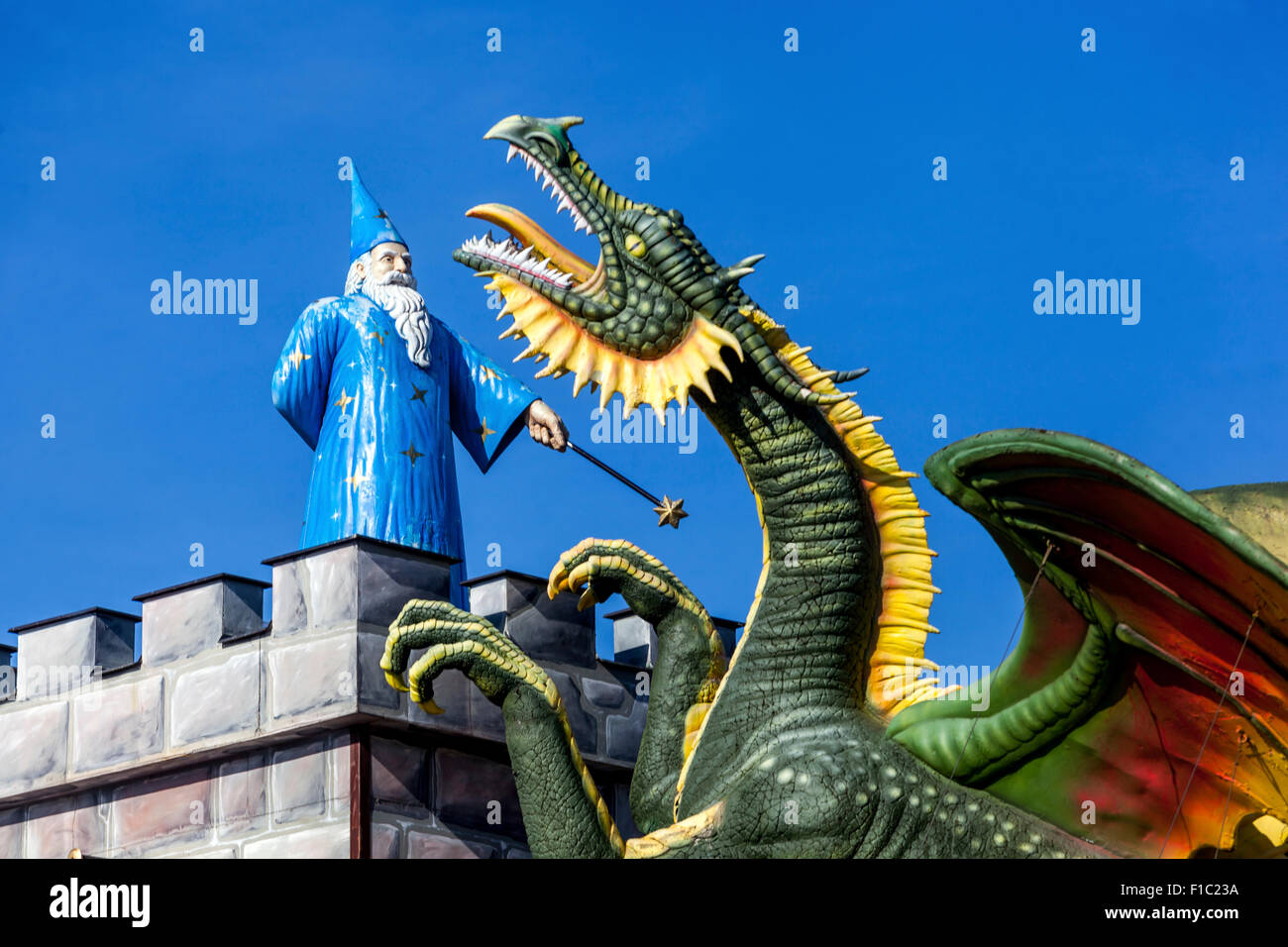 Merlin and dragon, Shopping and entertainment center Excalibur City, near Znojmo, Czech and Austrian borders Stock Photo