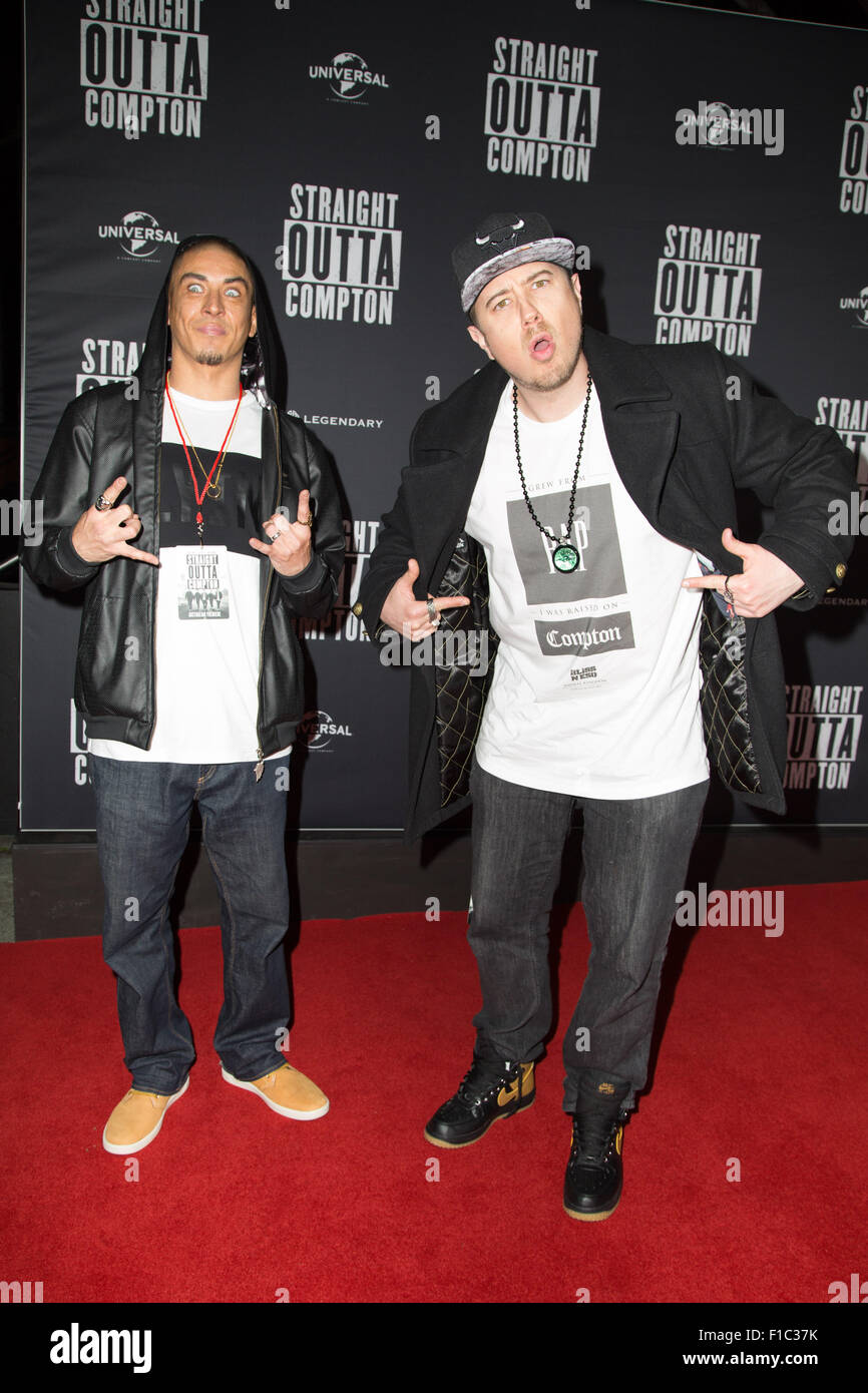 Sydney, Australia. 1 September 2015. Pictured: members of Hip Hop band Bliss N Eso. Celebrities walked the red carpet in Sydney at the Australian Premiere of Straight Outta Compton at Hoyts Cinemas, Entertainment Quarter, Moore Park. Credit: Richard Milnes/Alamy Live News Stock Photo