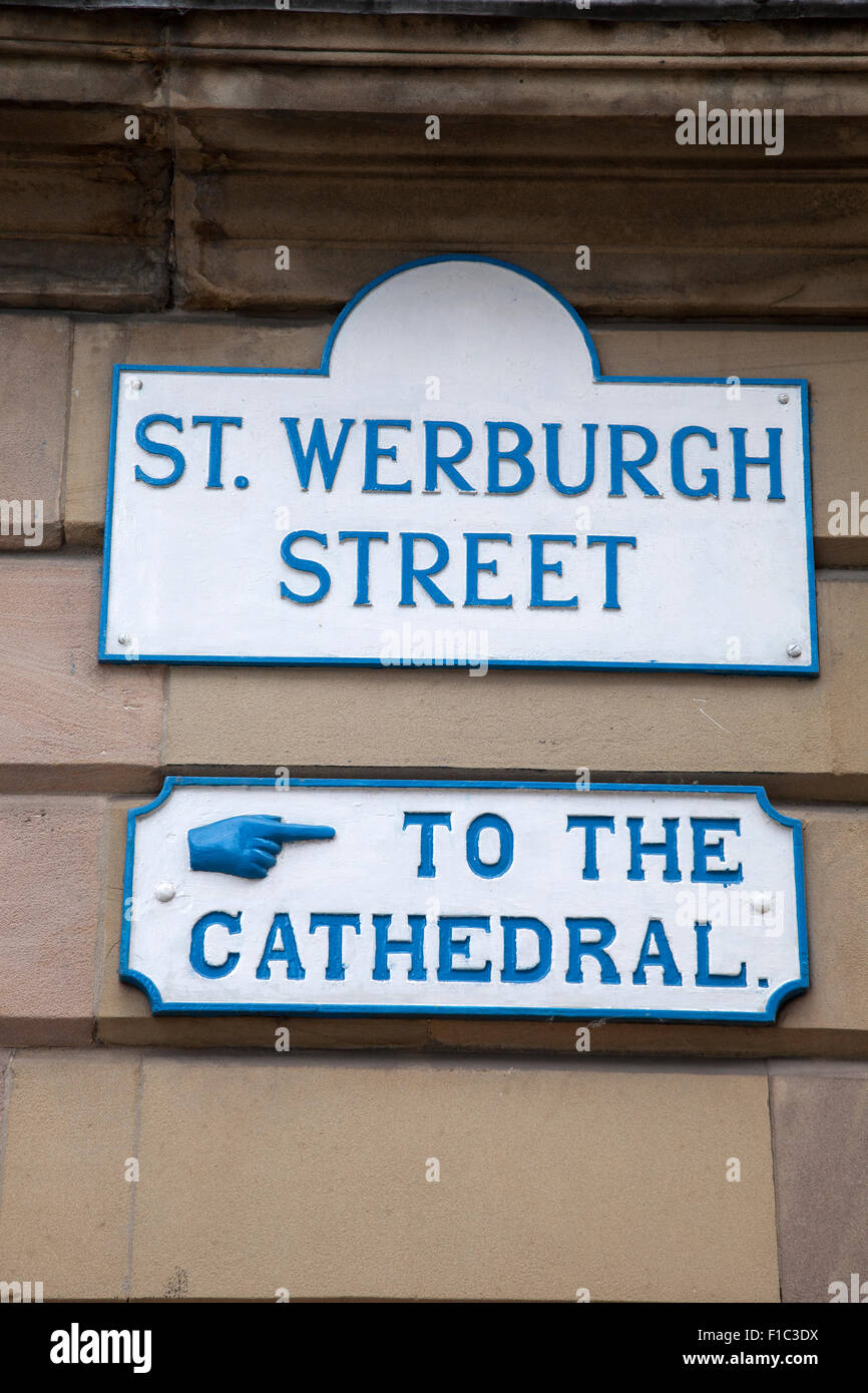 St Werburgh Street and Cathedral Sign; Chester; England; UK Stock Photo ...