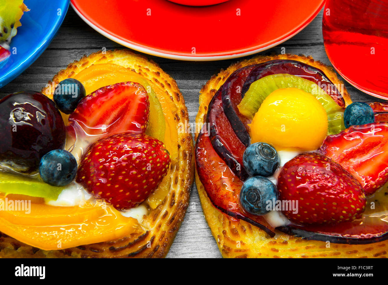 Colorful fruit pies, Desserts with fruits. Stock Photo